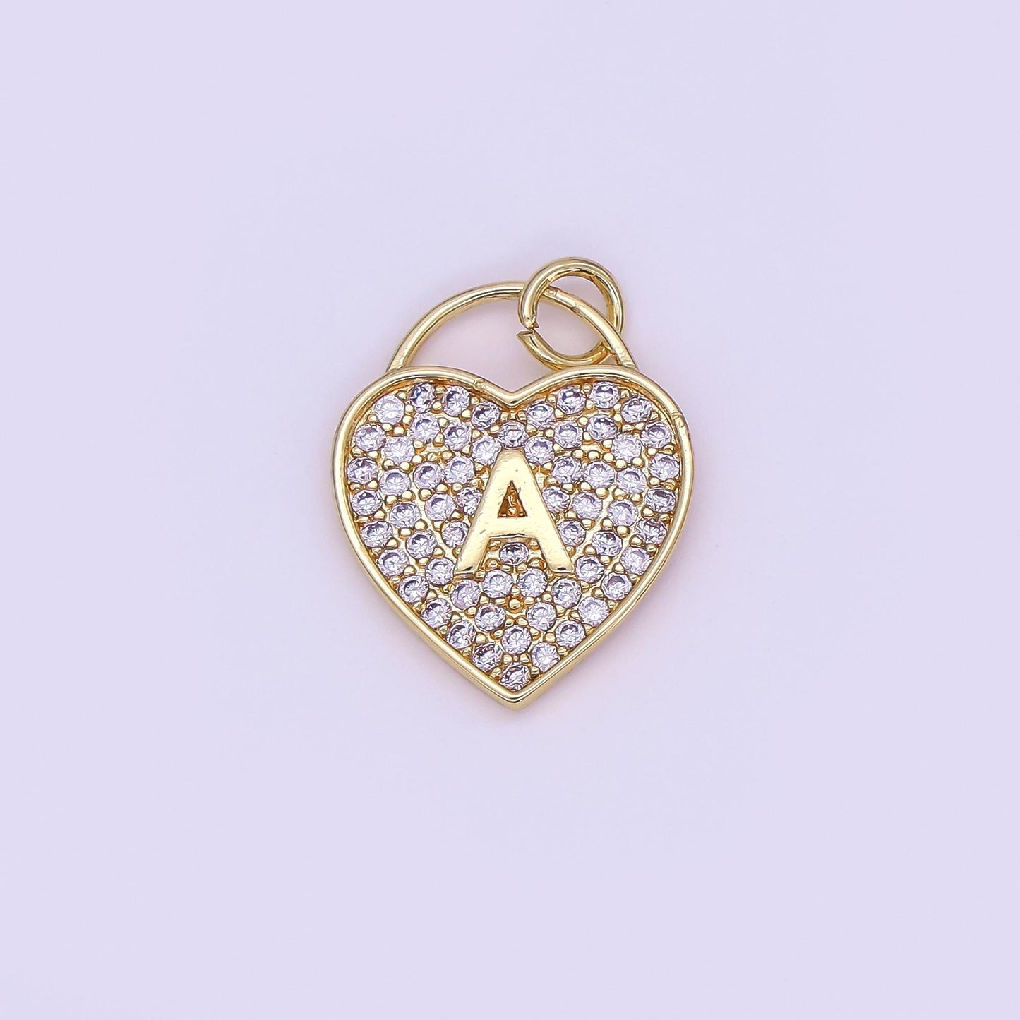 24K Gold Filled Letter Initial Micro Paved CZ Heart Padlock Charm | AF001 - AF013