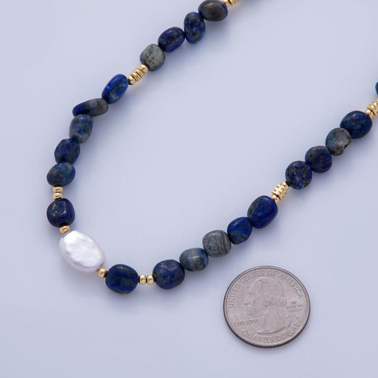 Handmade Colorful 18K Gold Filled Freshwater Pearl Lapis Lazuli Gemstone Necklace | WA-3177