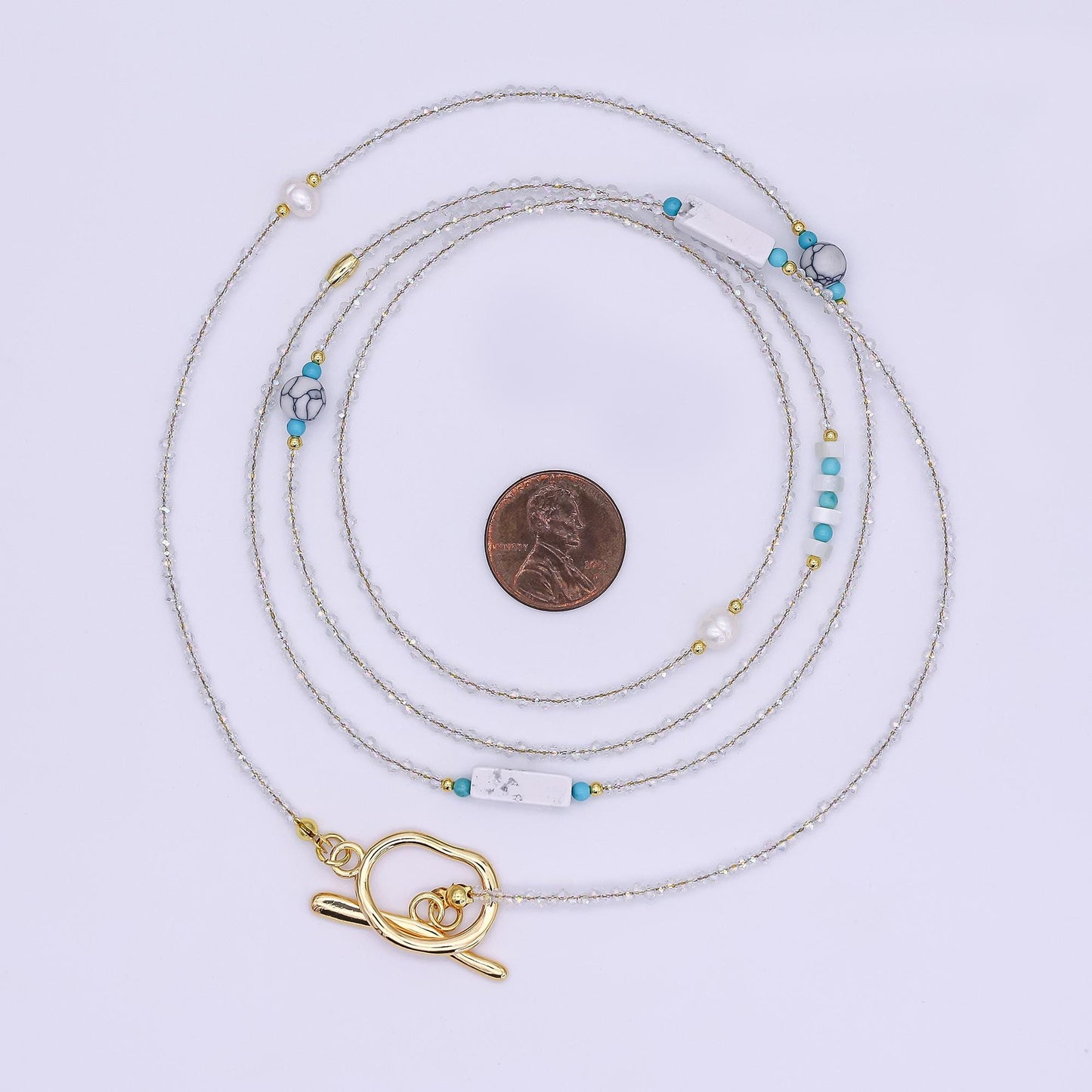 24K Gold Filled Shell Pearl White Howlite Clear Crystal Gemstone 40 Inches Necklace | WA-3078