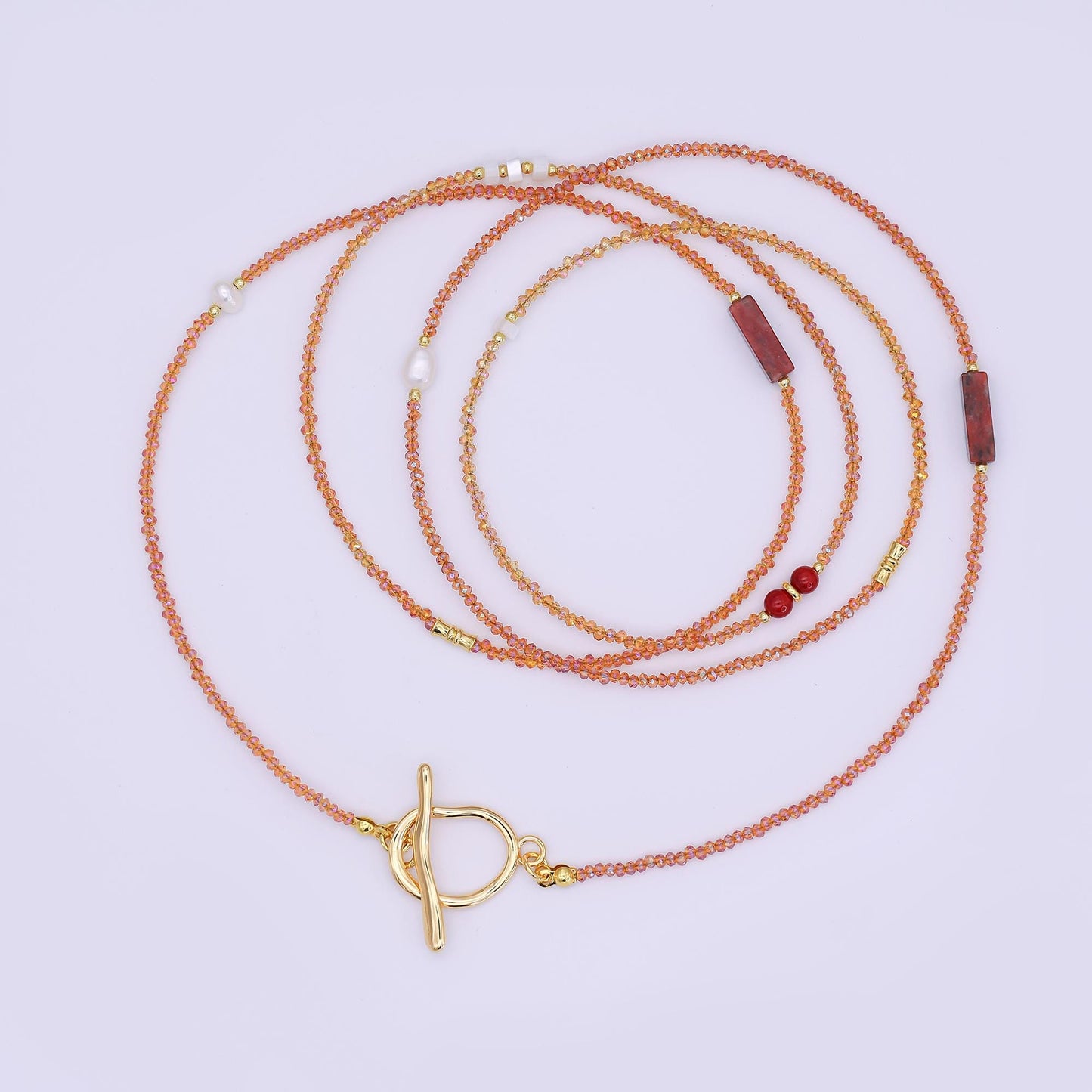 24K Gold Filled Shell Pearl Red Carnelian Orange Crystal Gemstone 40 Inches Necklace | WA-3076