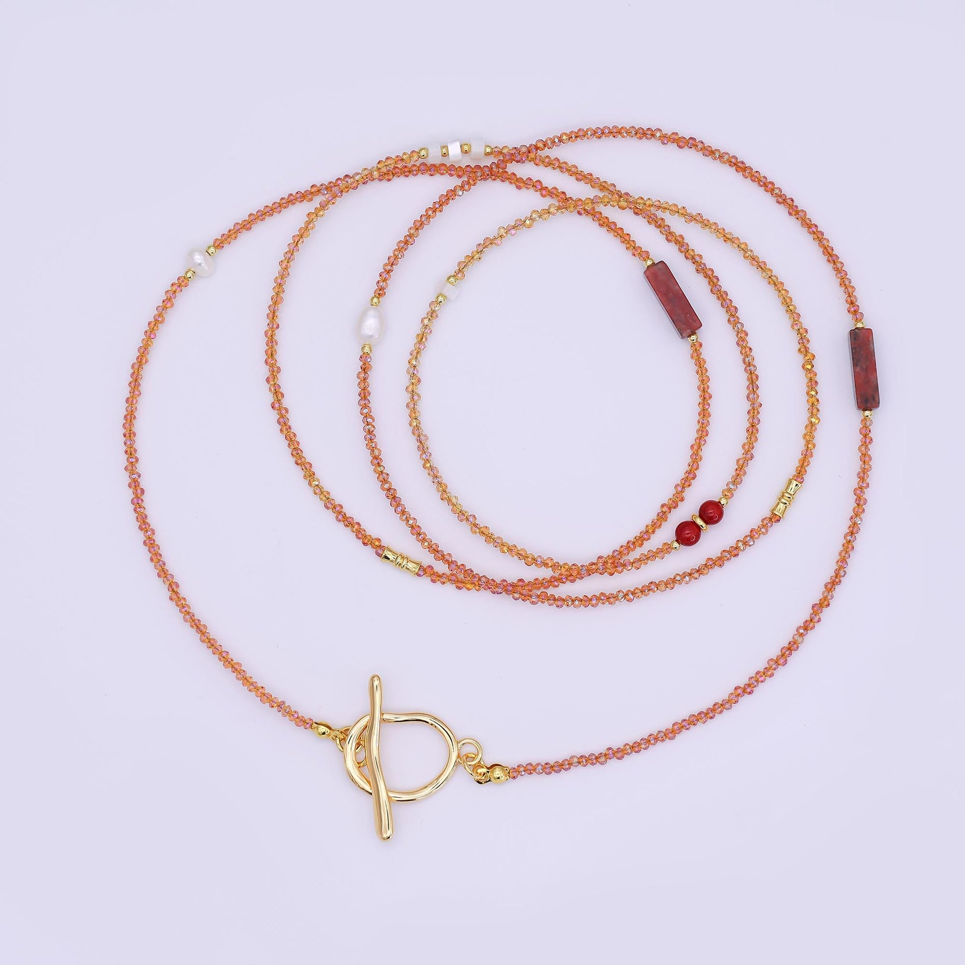 24K Gold Filled Shell Pearl Red Carnelian Orange Crystal Gemstone 40 Inches Necklace | WA-3076