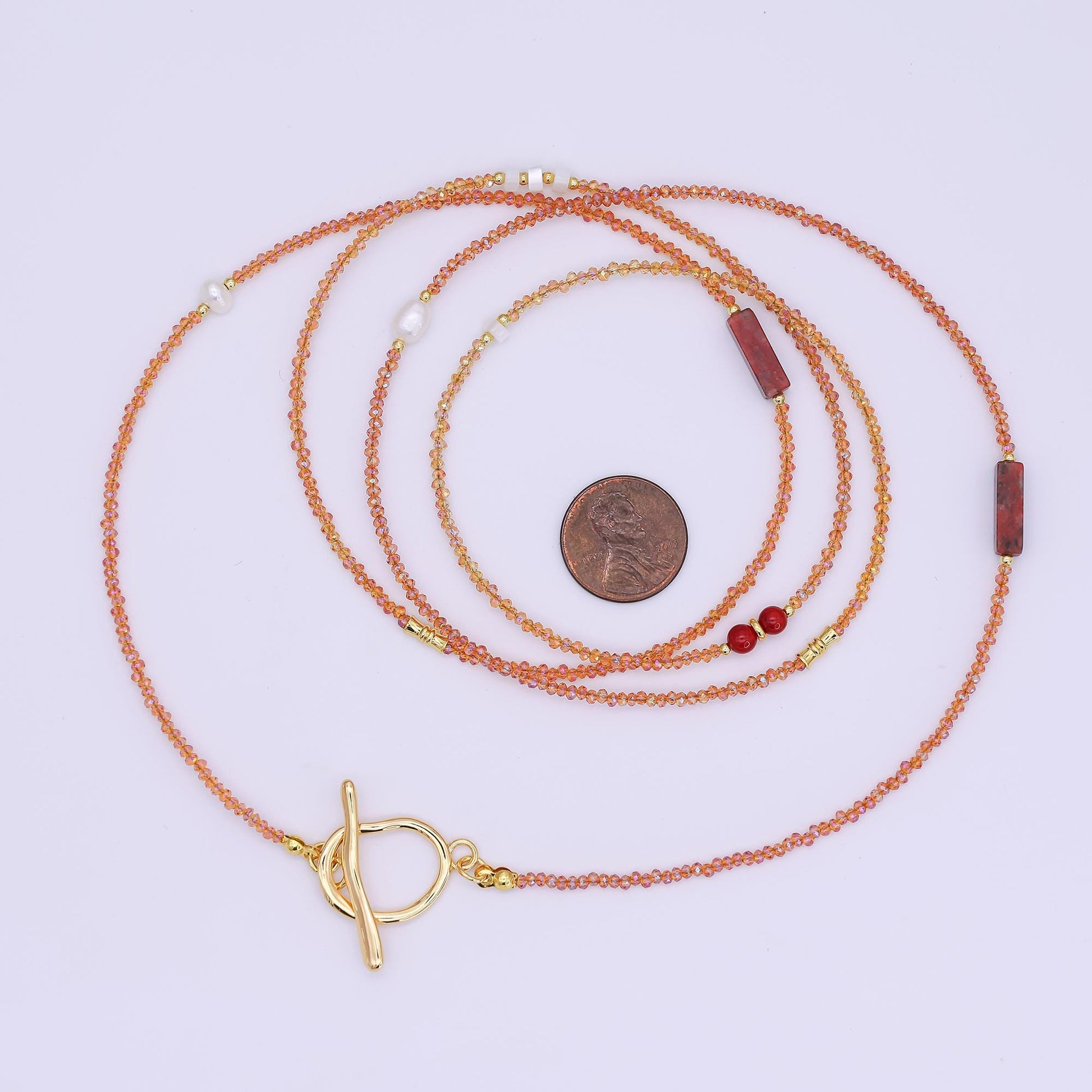 24K Gold Filled Shell Pearl Red Carnelian Orange Crystal Gemstone 40 Inches Necklace | WA-3076