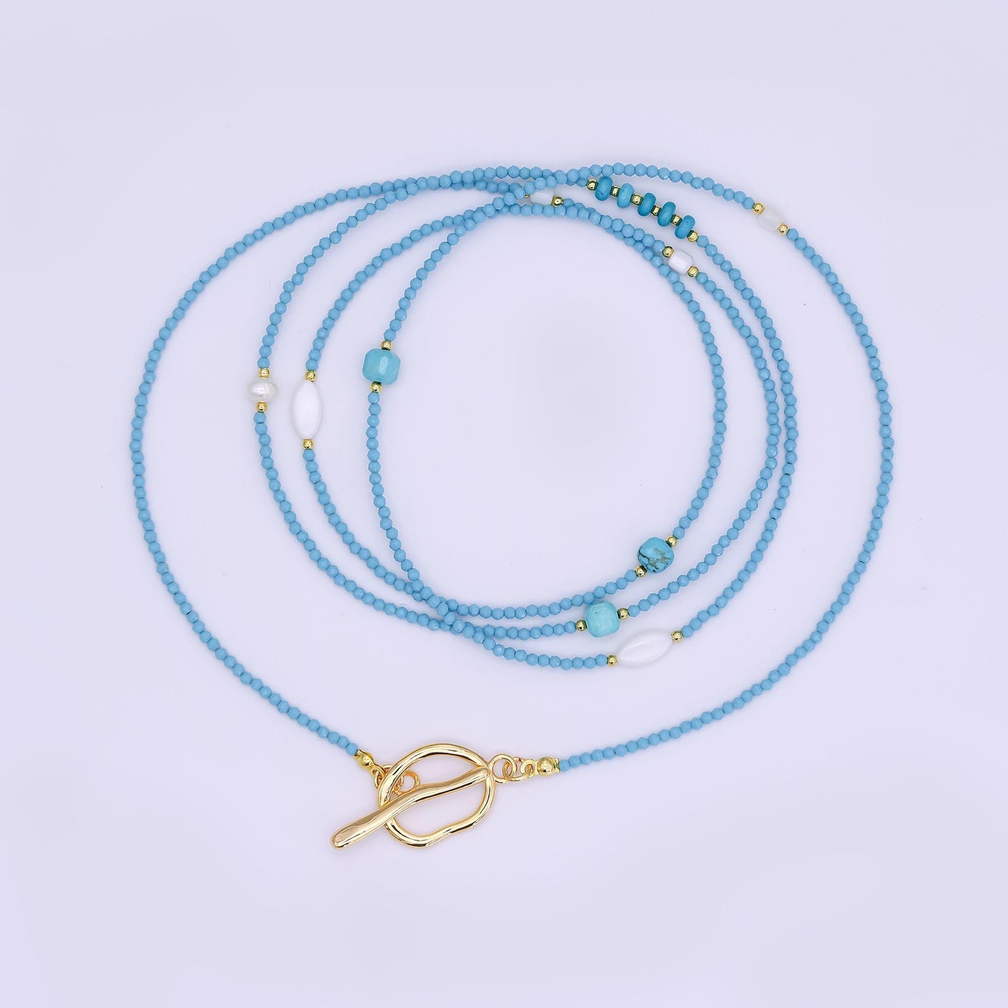 24K Gold Filled Shell Pearl Turquoise Blue Multifaceted Gemstone 40 Inches Necklace | WA-3080