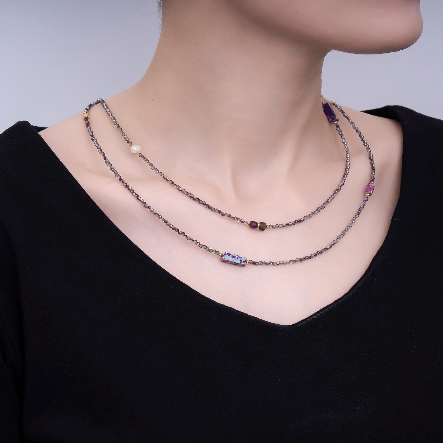 24K Gold Filled Shell Pearl Amethyst Jasper Dark Crystal Gemstone 40 Inches Necklace | WA-3083