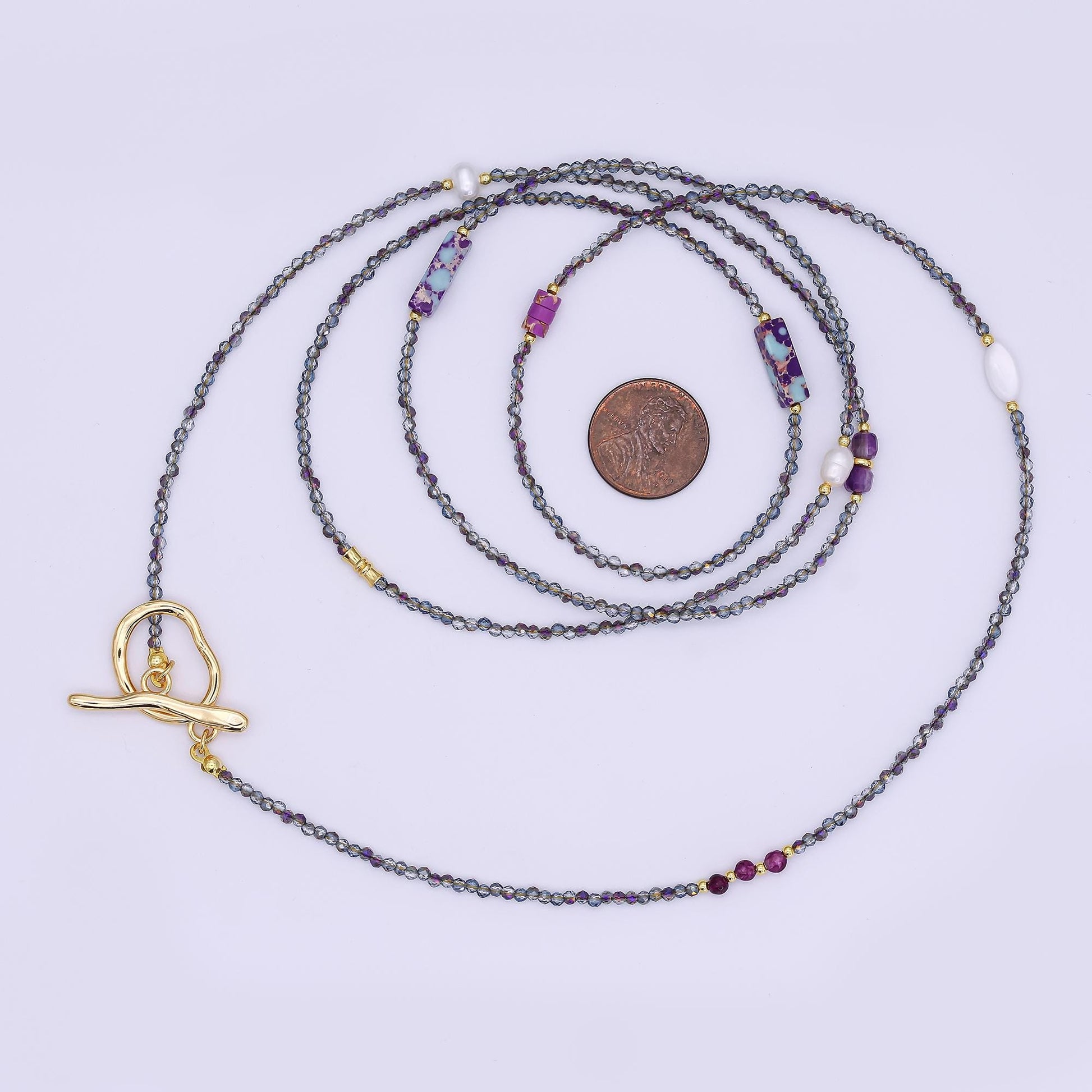 24K Gold Filled Shell Pearl Amethyst Jasper Dark Crystal Gemstone 40 Inches Necklace | WA-3083
