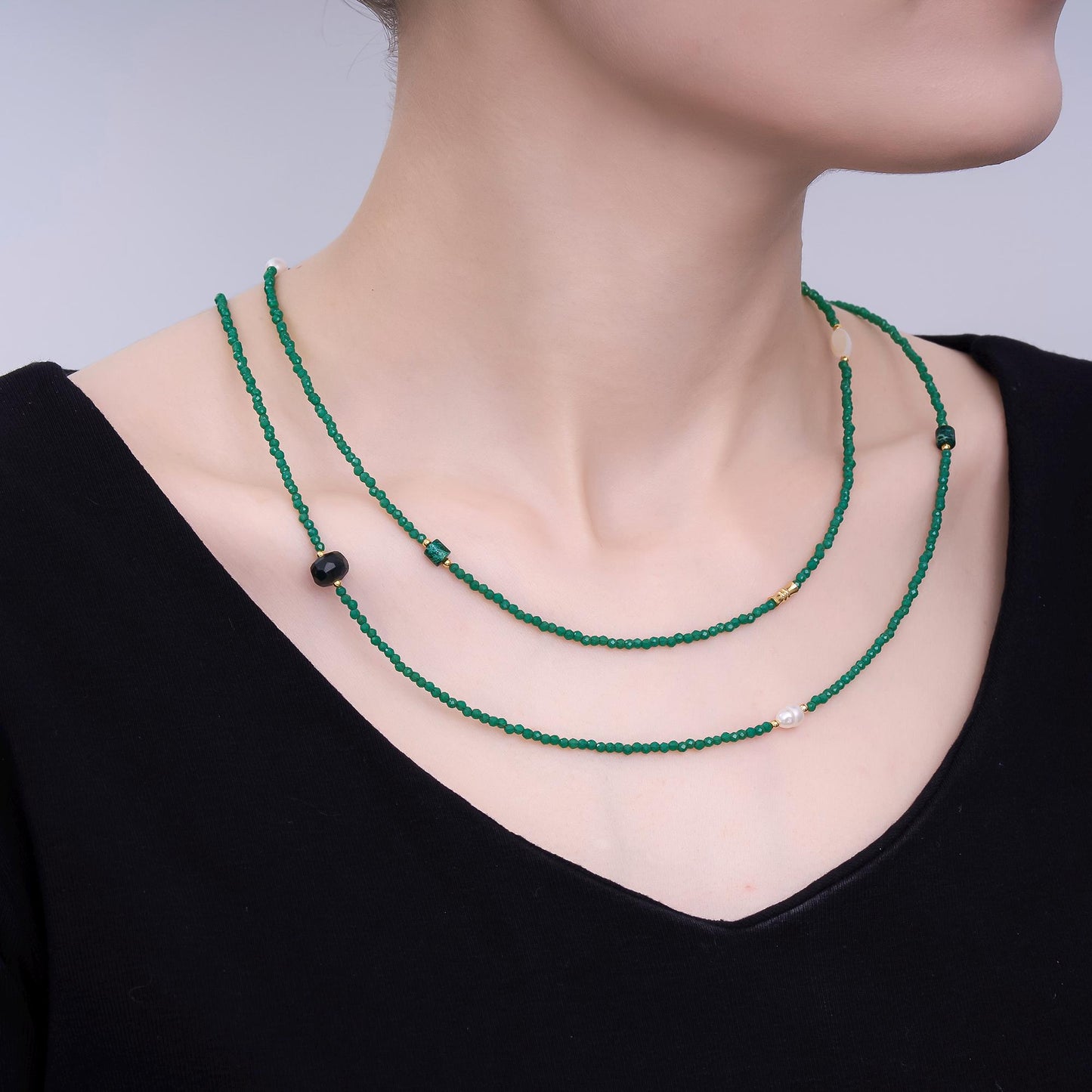 24K Gold Filled Shell Pearl Green Crystal Gemstone 40 Inches Necklace | WA-3084