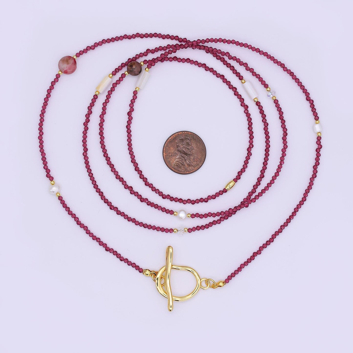 24K Gold Filled Shell Pearl Red Crystal Gemstone 40 Inches Necklace | WA-3075