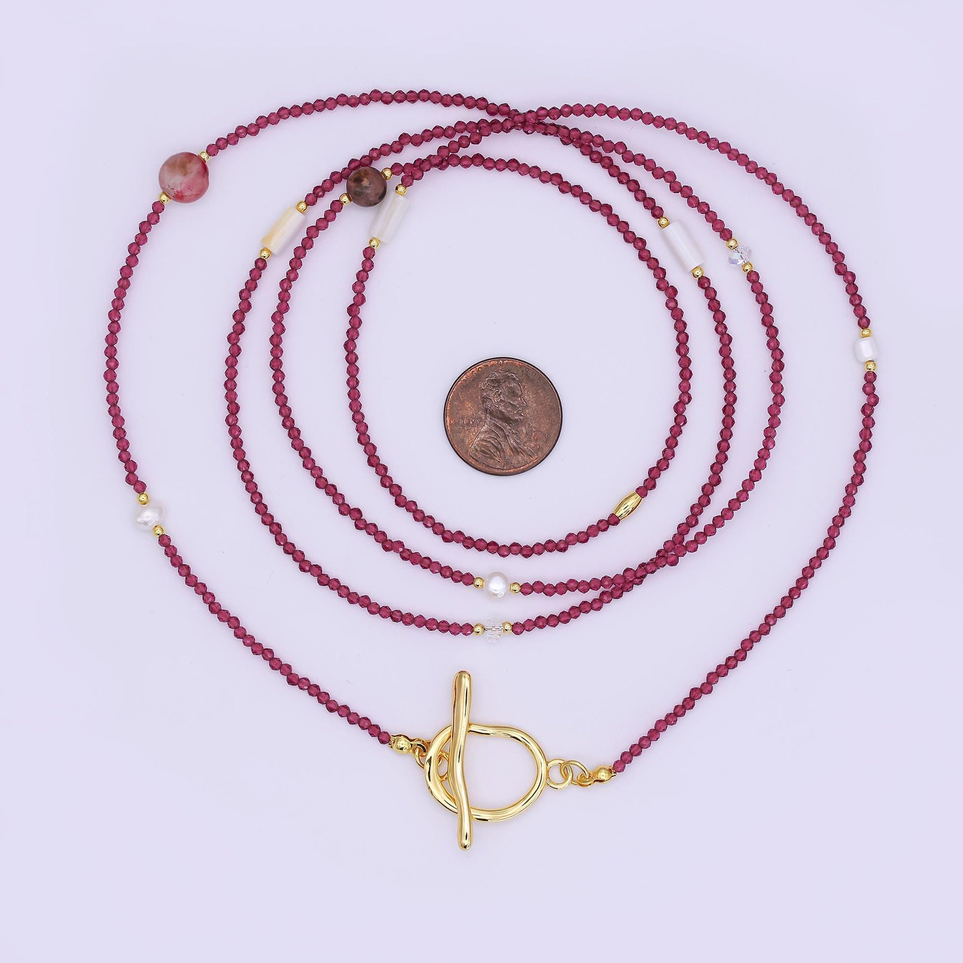 24K Gold Filled Shell Pearl Red Crystal Gemstone 40 Inches Necklace | WA-3075