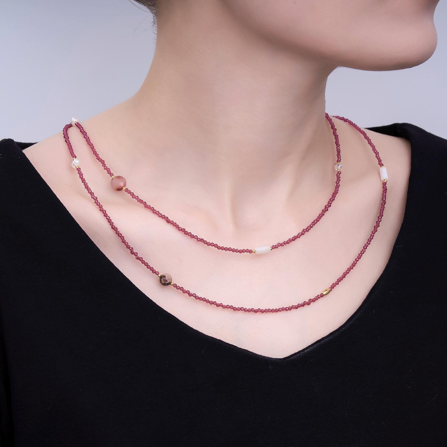 24K Gold Filled Shell Pearl Red Crystal Gemstone 40 Inches Necklace | WA-3075