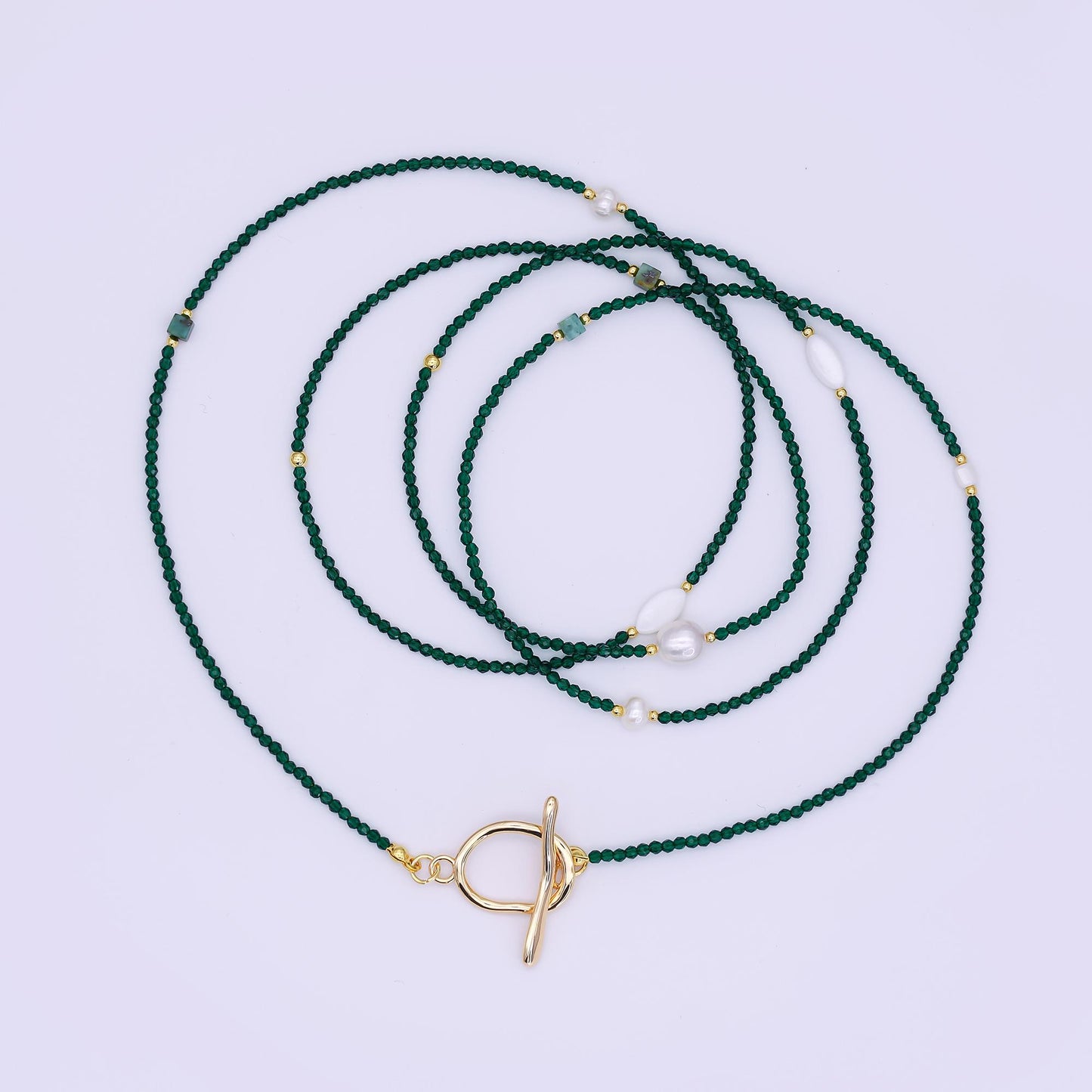 24K Gold Filled 3mm Shell Pearl Green Aventurine Crystal Gemstone 40 Inches Necklace | WA-3086