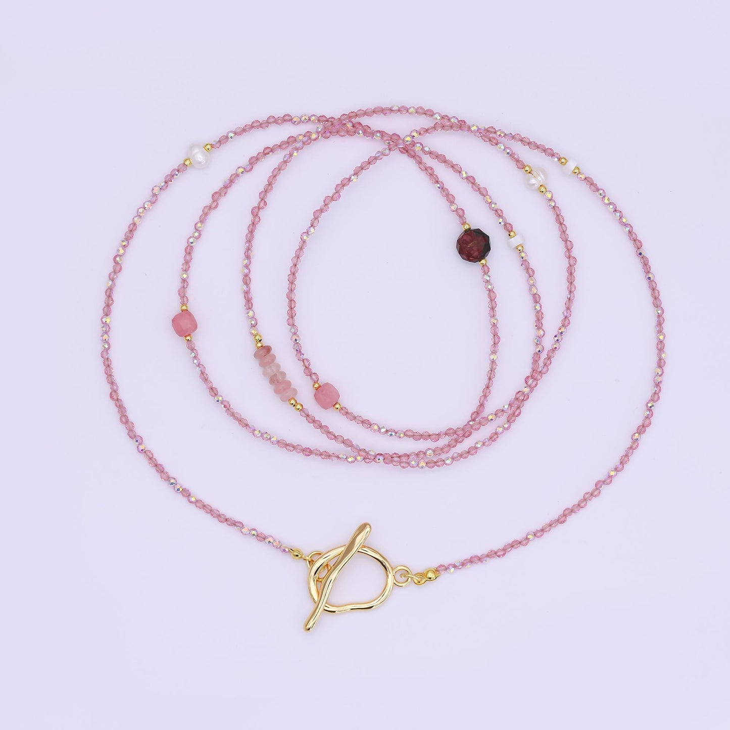 24K Gold Filled 3mm Shell Pearl Rose Pink Crystal Gemstone 40 Inches Necklace | WA-3079