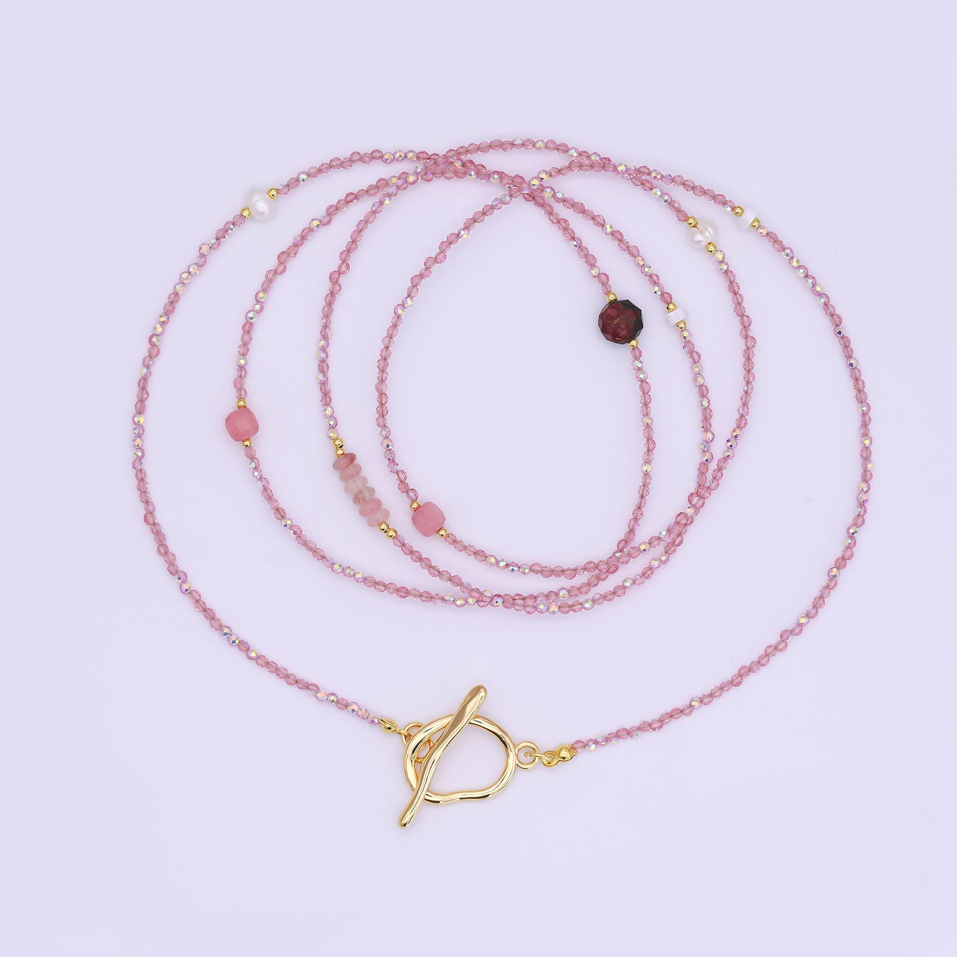 24K Gold Filled 3mm Shell Pearl Rose Pink Crystal Gemstone 40 Inches Necklace | WA-3079