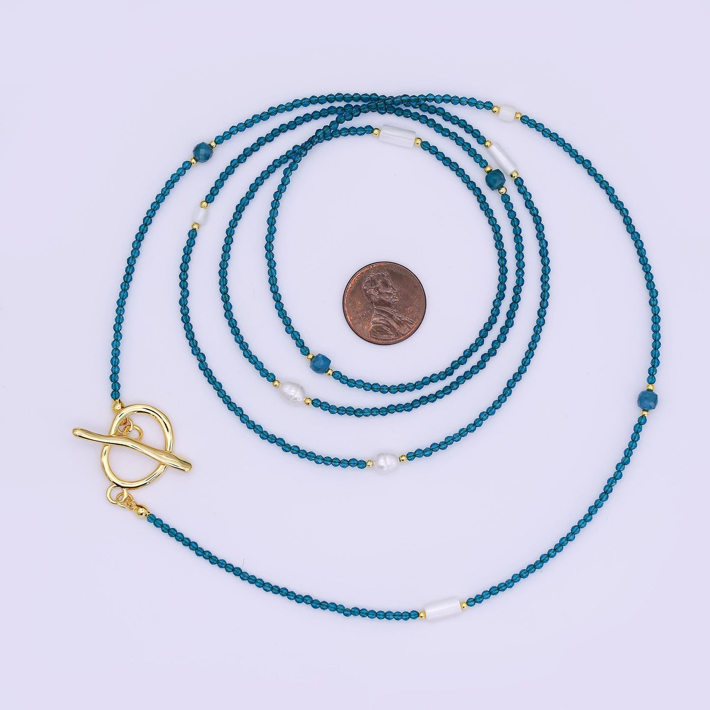 24K Gold Filled 3mm Shell Pearl Blue Crystal Gemstone 40 Inches Necklace | WA-3082