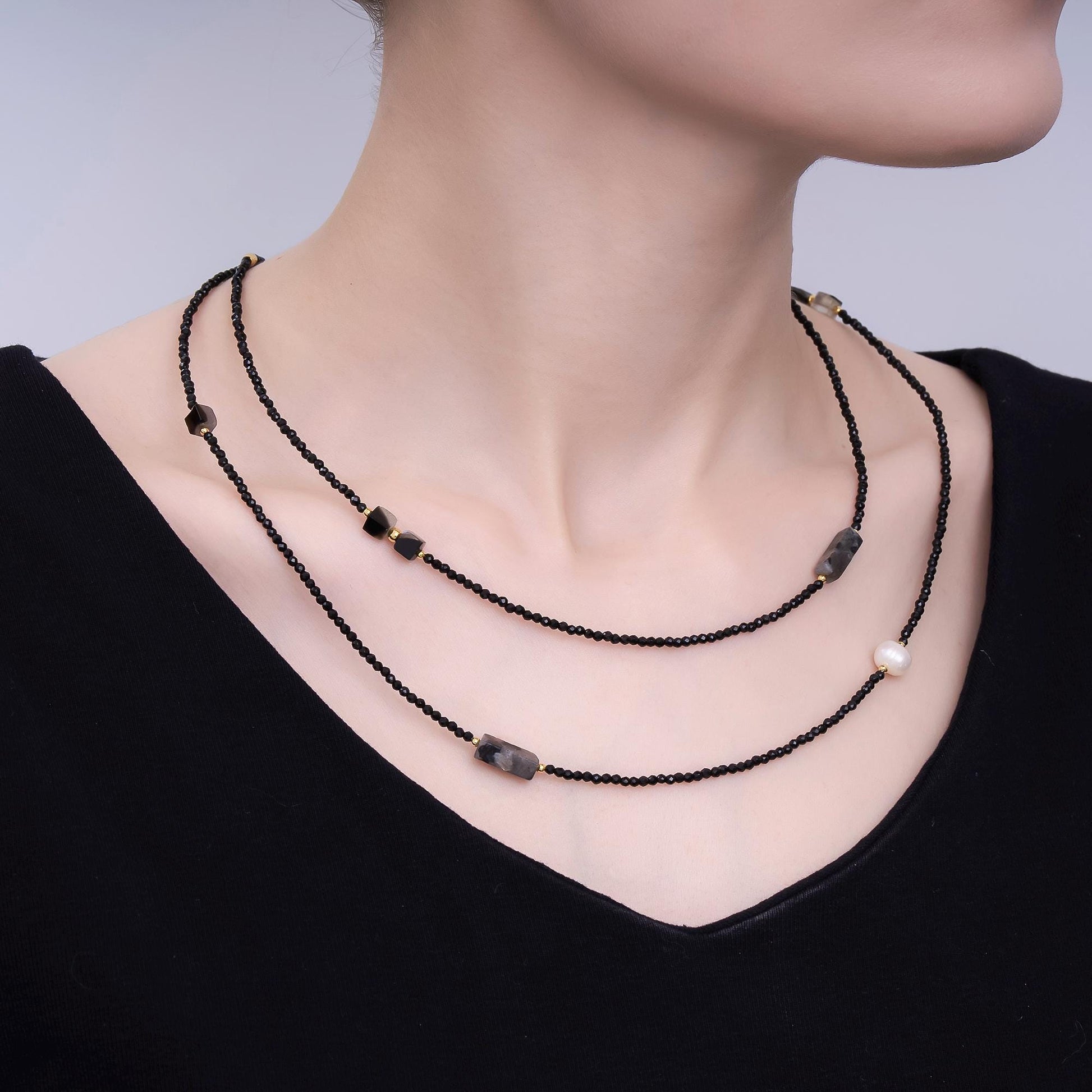 24K Gold Filled 3mm Grey Agate Onyx Shell Pearl Gemstone 40 Inches Beaded Necklace | WA-3085