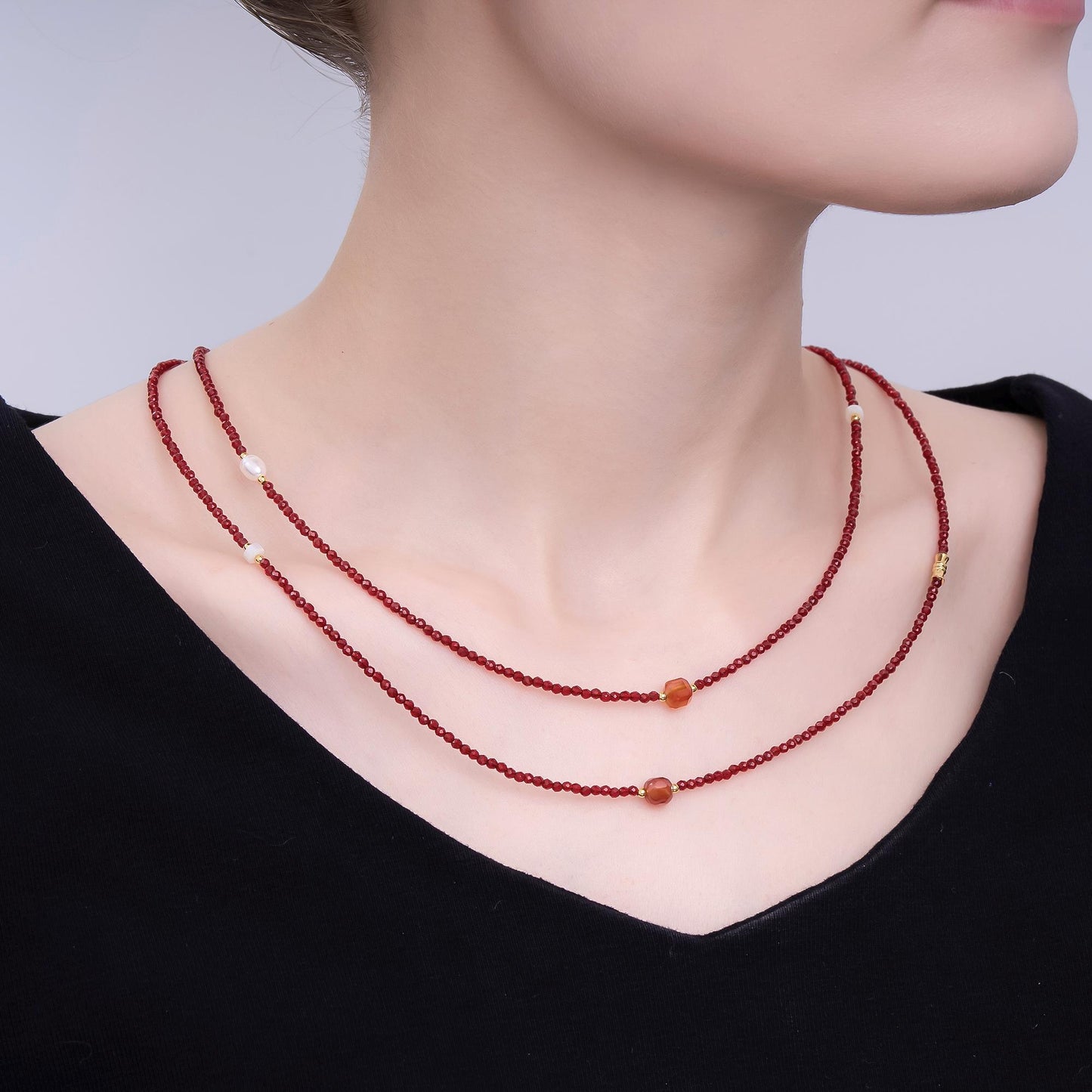 24K Gold Filled 3mm Red Carnelian Shell Pearl Gemstone 40 Inches Necklace | WA-3077