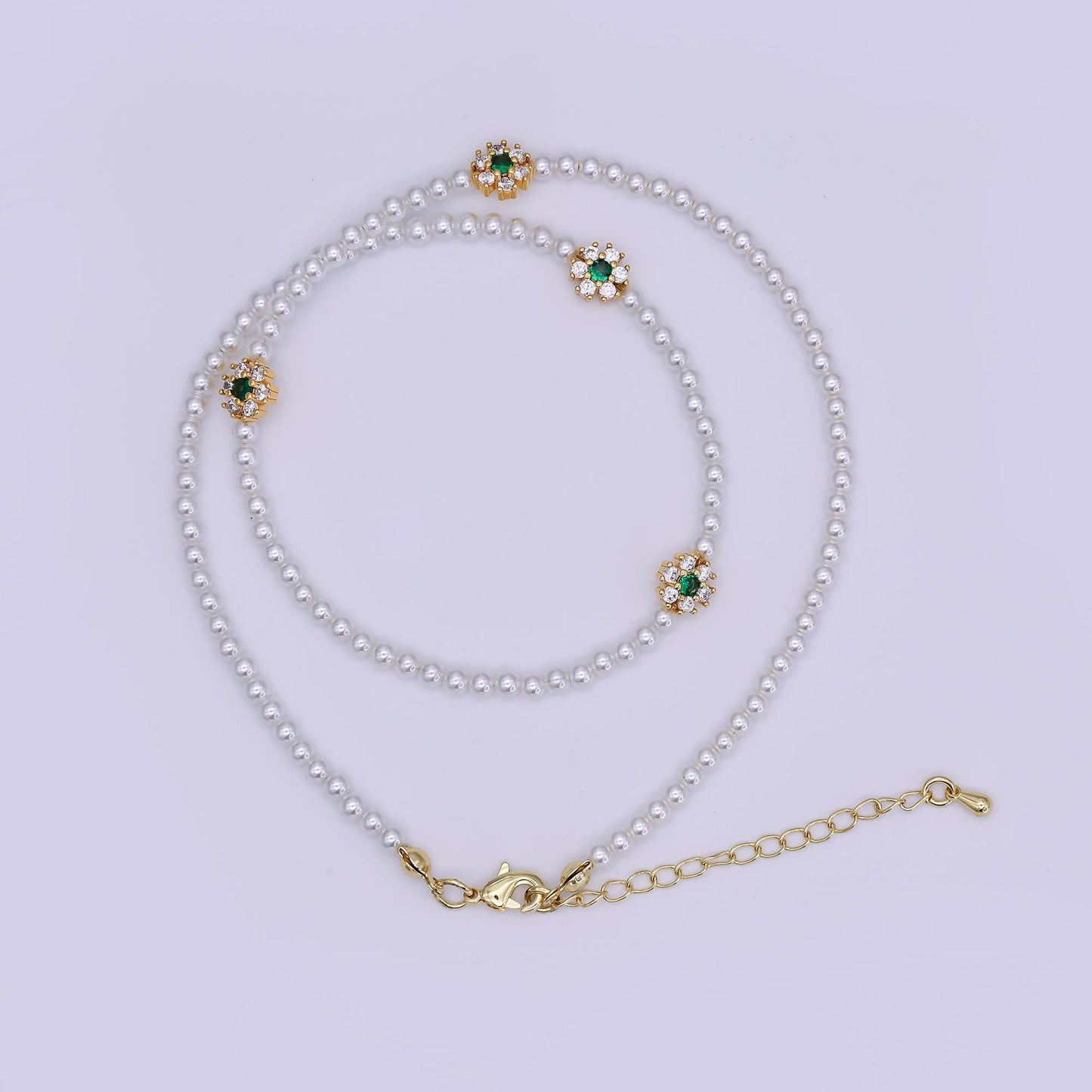 24K Gold Filled Fuchsia, Clear, Green CZ Flower Shell Pearl 17 Inch Necklace 2 A | WA-3071
