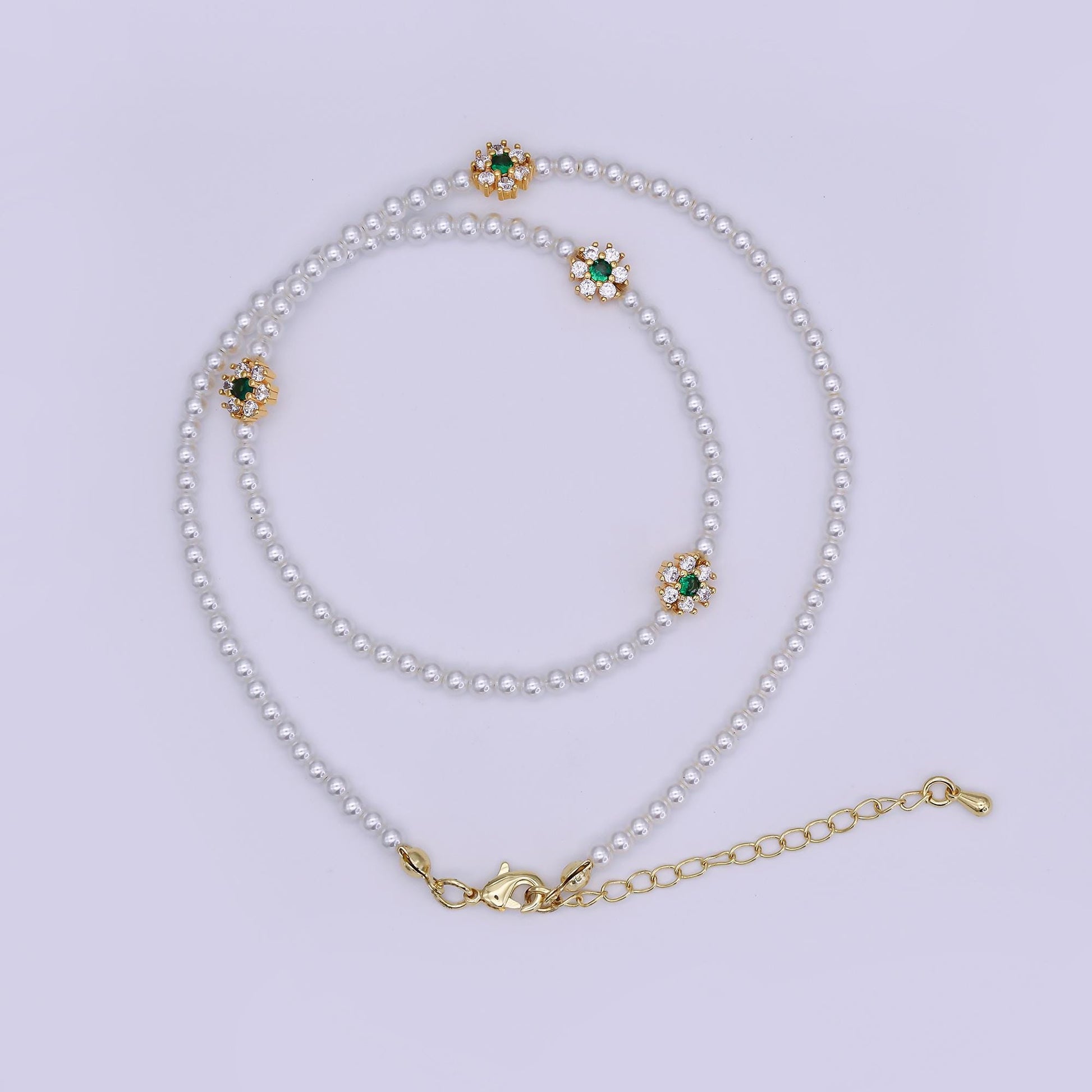 24K Gold Filled Fuchsia, Clear, Green CZ Flower Shell Pearl 17 Inch Necklace 2 A | WA-3071