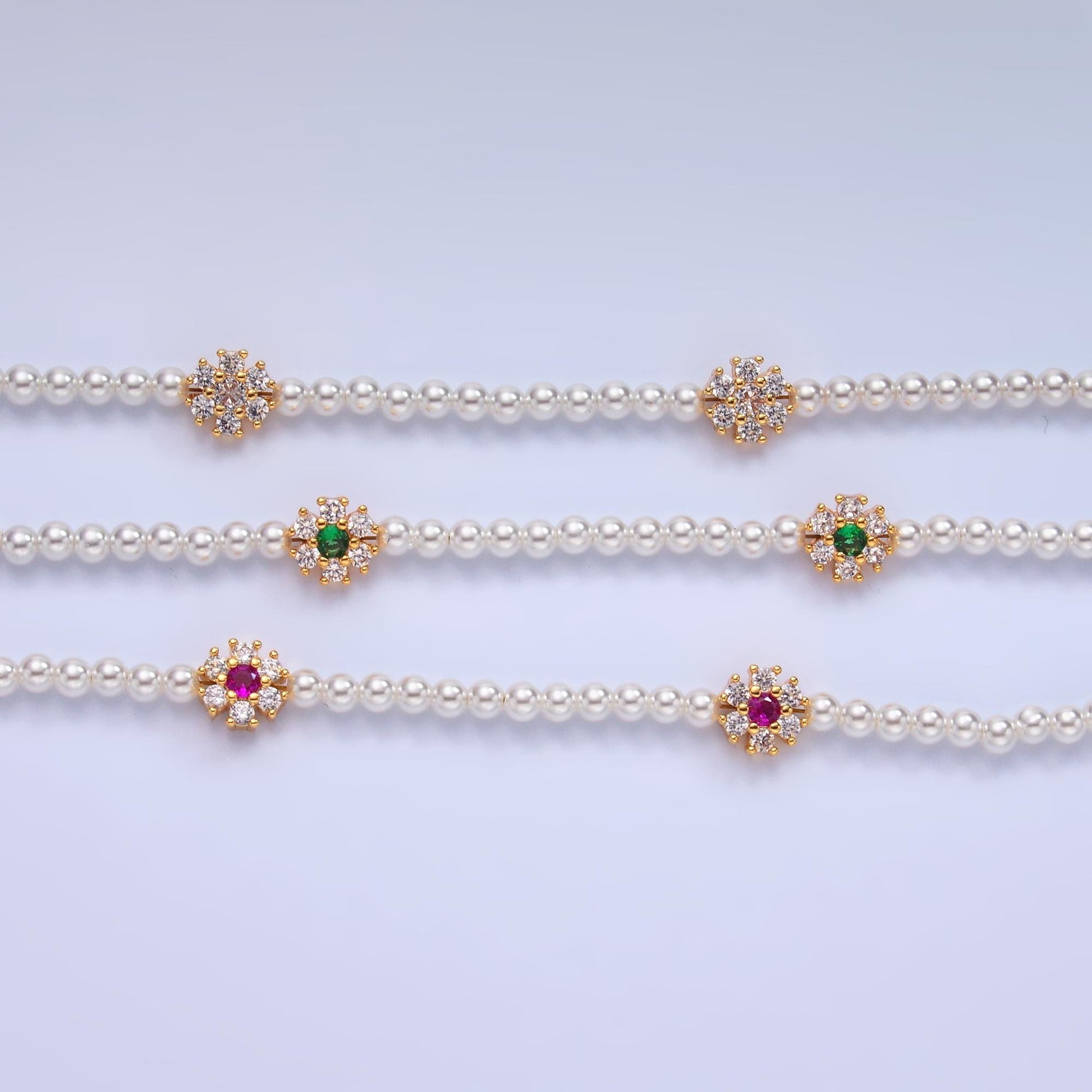 24K Gold Filled Fuchsia, Clear, Green CZ Flower Shell Pearl 17 Inch Necklace 2 A | WA-3071