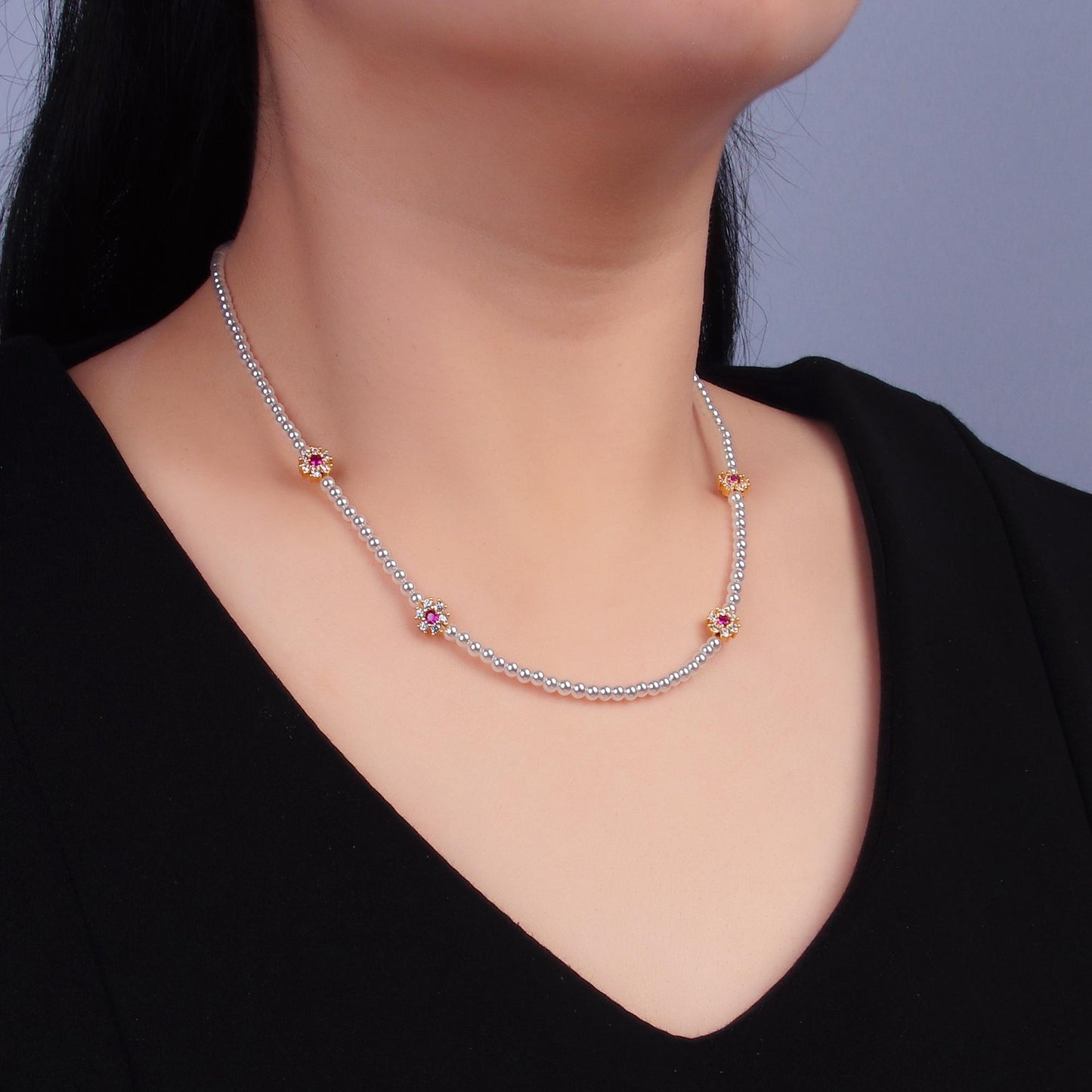 24K Gold Filled Fuchsia, Clear, Green CZ Flower Shell Pearl 17 Inch Necklace 2 A | WA-3071
