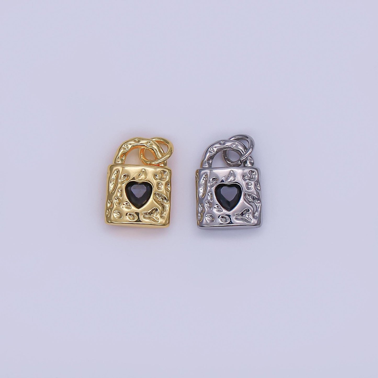 24K Gold Filled Black Heart Molten Hammered Padlock Charm in Gold & Silver | M031