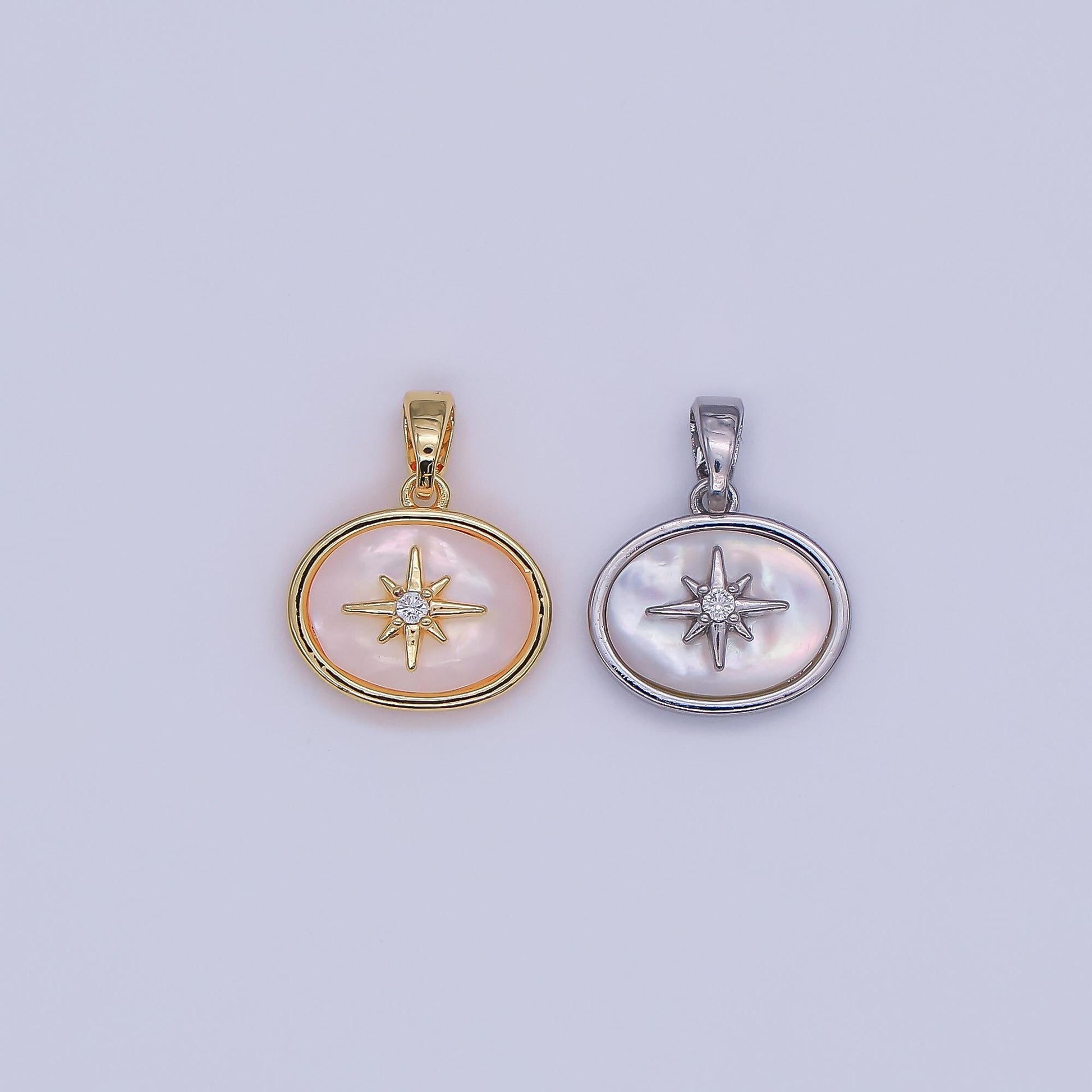 24K Gold Filled Celestial North Star CZ Shell Pearl Pendant in Gold & Silver | AH429