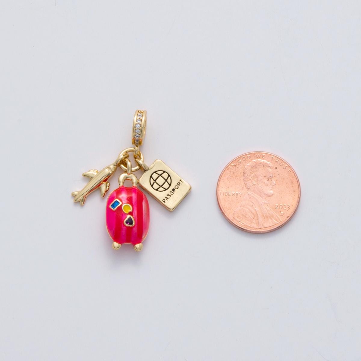 24k gold filled travel theme plane Plane Passport Enamel suitcase rondelle bail drop pendant | C-113
