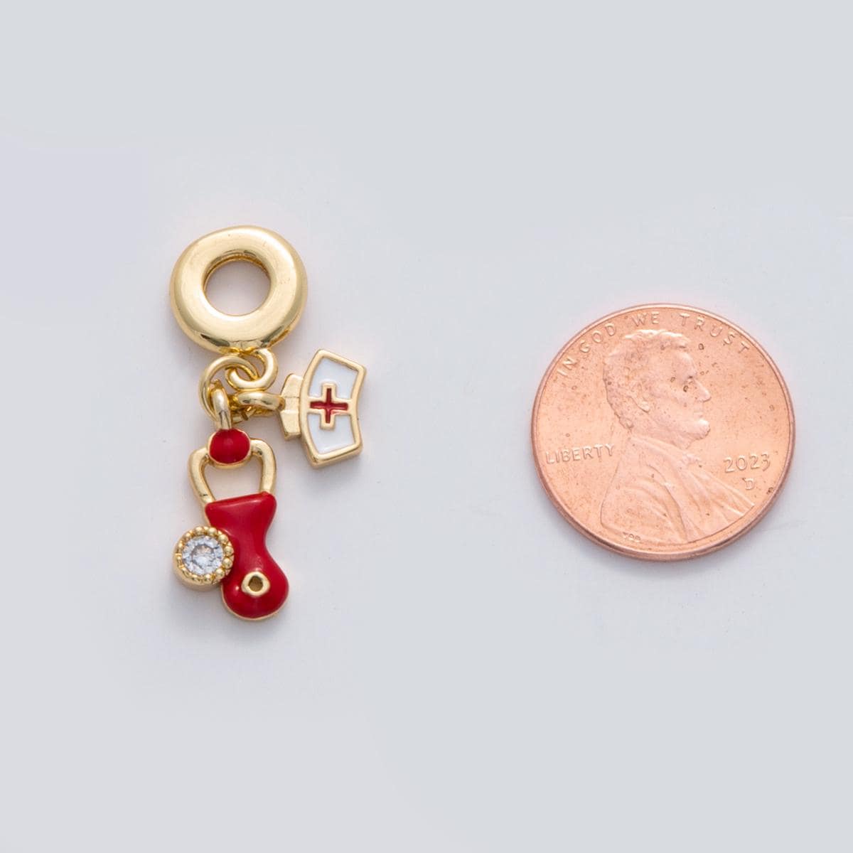 24 gold filled nurse theme charm nurse hat, stethoscope charm First Responder rondelle bail drop pendant | C-272