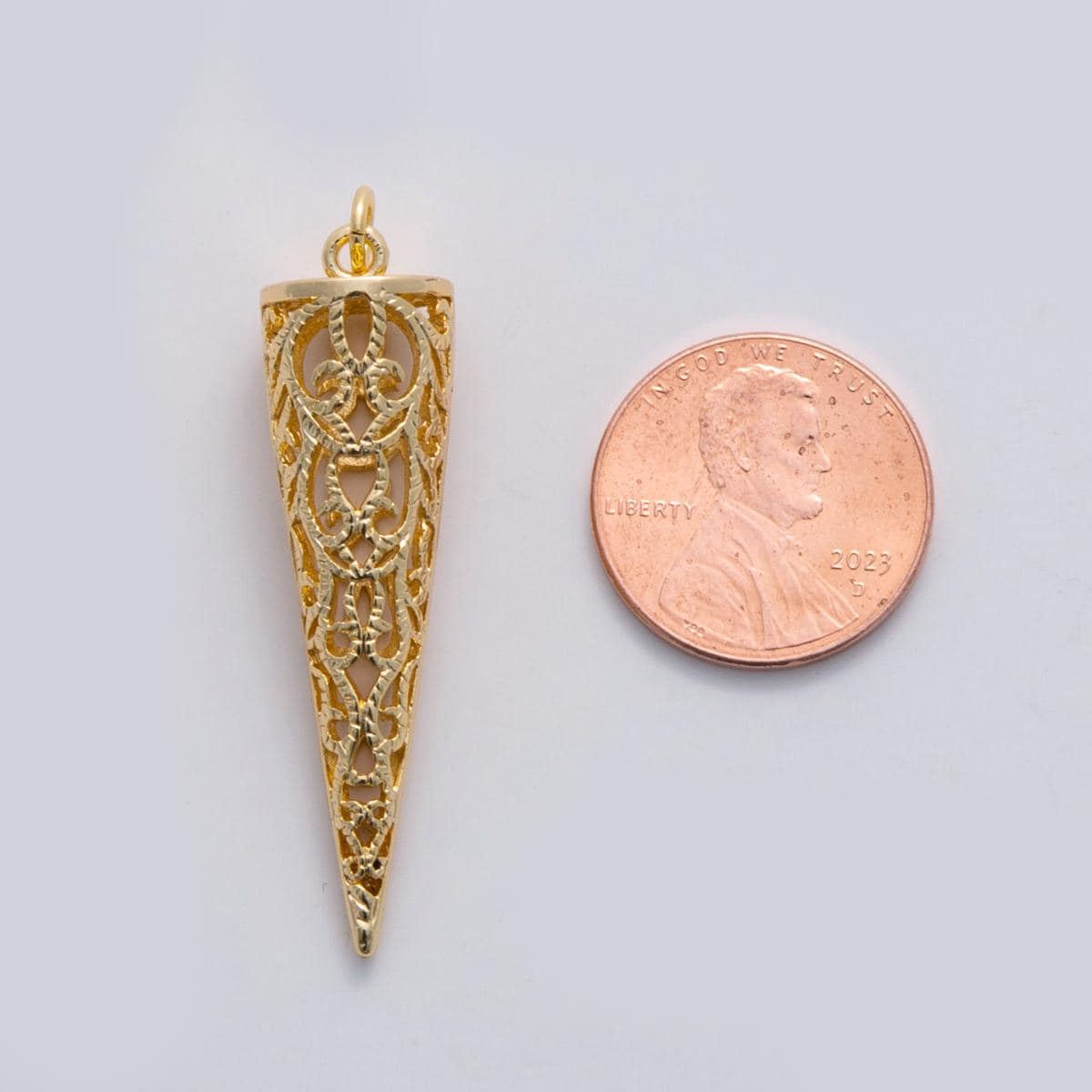 18k gold filled Triangle Long Cone open filigree charm Vintage Geometric Pendant | C-308