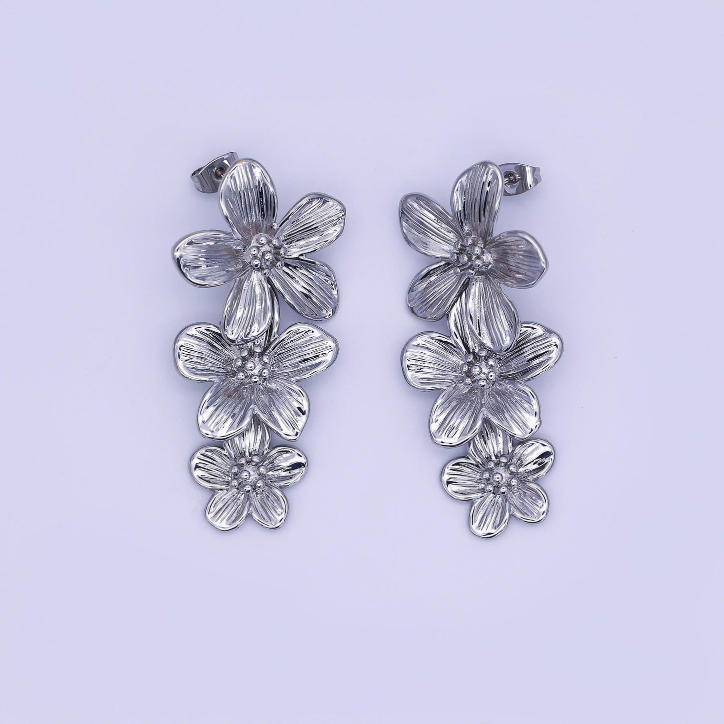 24K Gold Filled Triple Lined Flower Drop Stud Earrings in Gold & Silver | AE368 T175