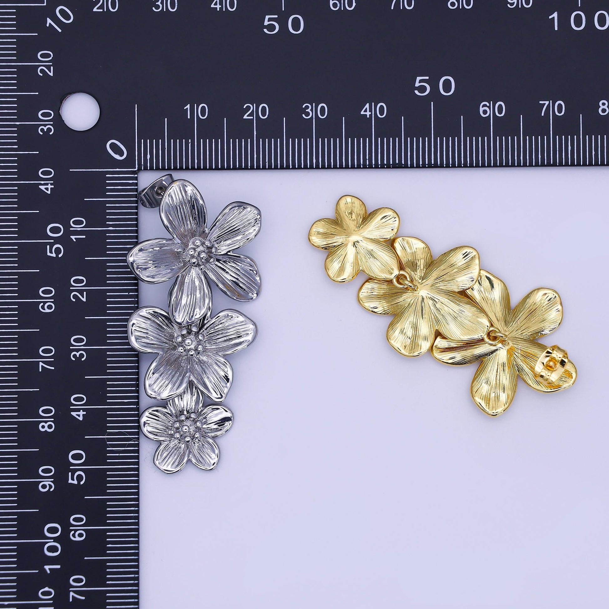 24K Gold Filled Triple Lined Flower Drop Stud Earrings in Gold & Silver | AE368 T175