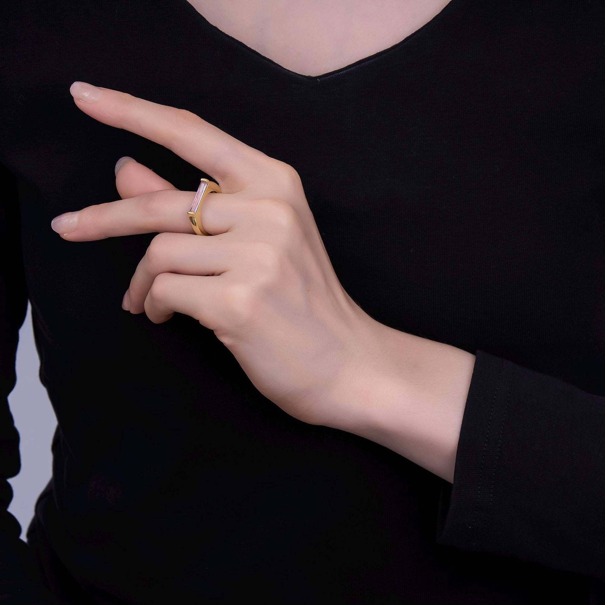 24K Gold Filled Pink CZ Baguette Linear Ring | O1432
