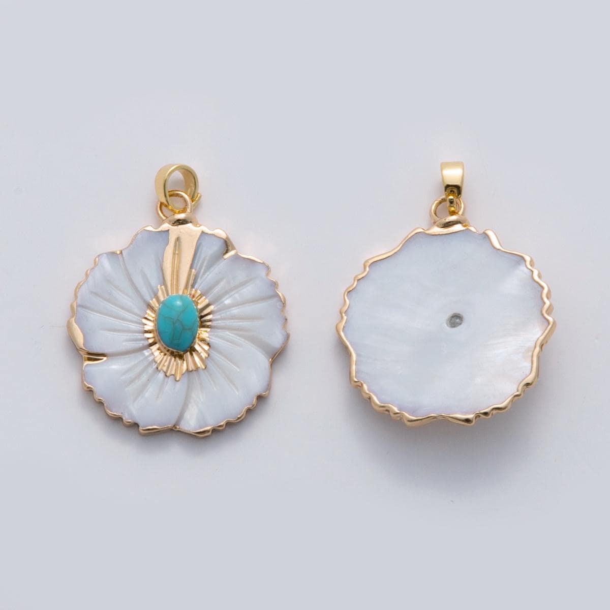 18k gold filled Hibiscus flower Pearl Floral Charm pendant with Turquoise Stone | AH-