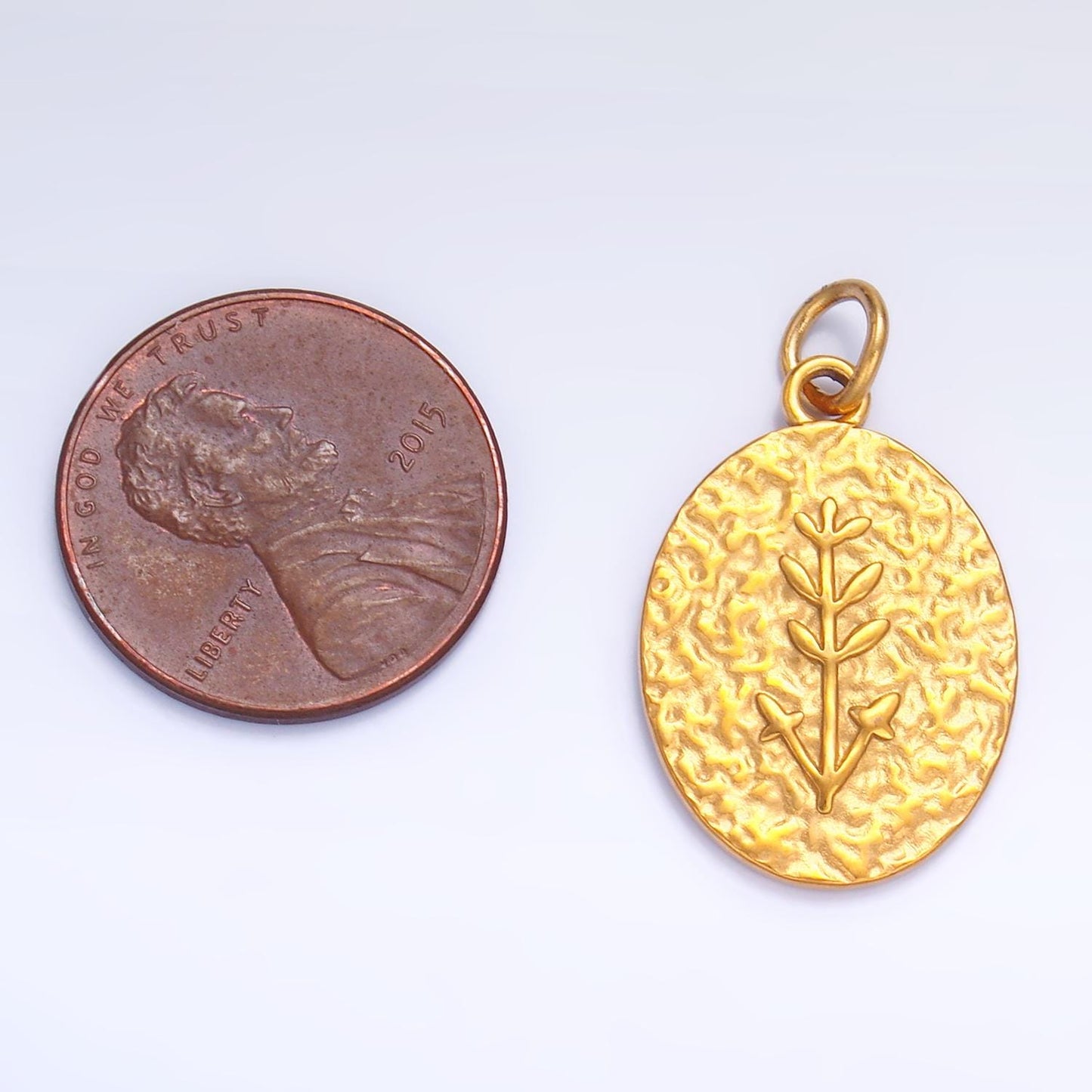 Stainless Steel Plant Tree Stamped Hammered Oval Charm | P627