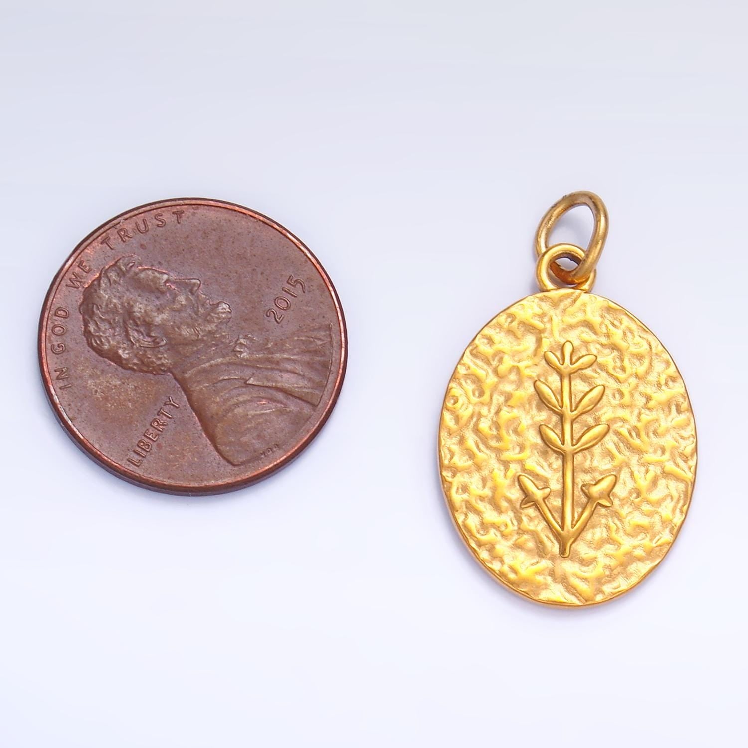 Stainless Steel Plant Tree Stamped Hammered Oval Charm | P627