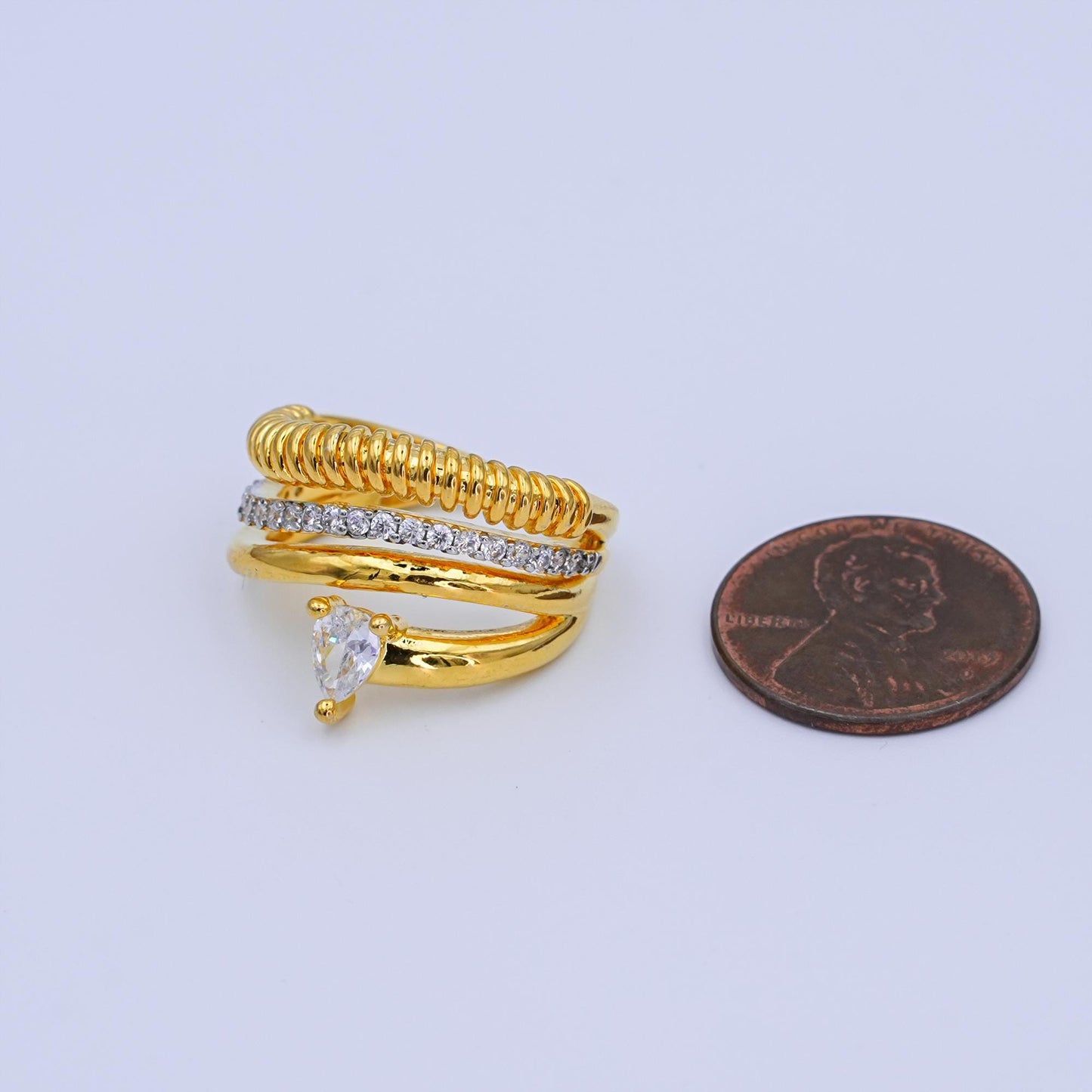 24K Gold Filled Teardrop CZ Micro Paved Ringed Multiple Band Ring | O1074