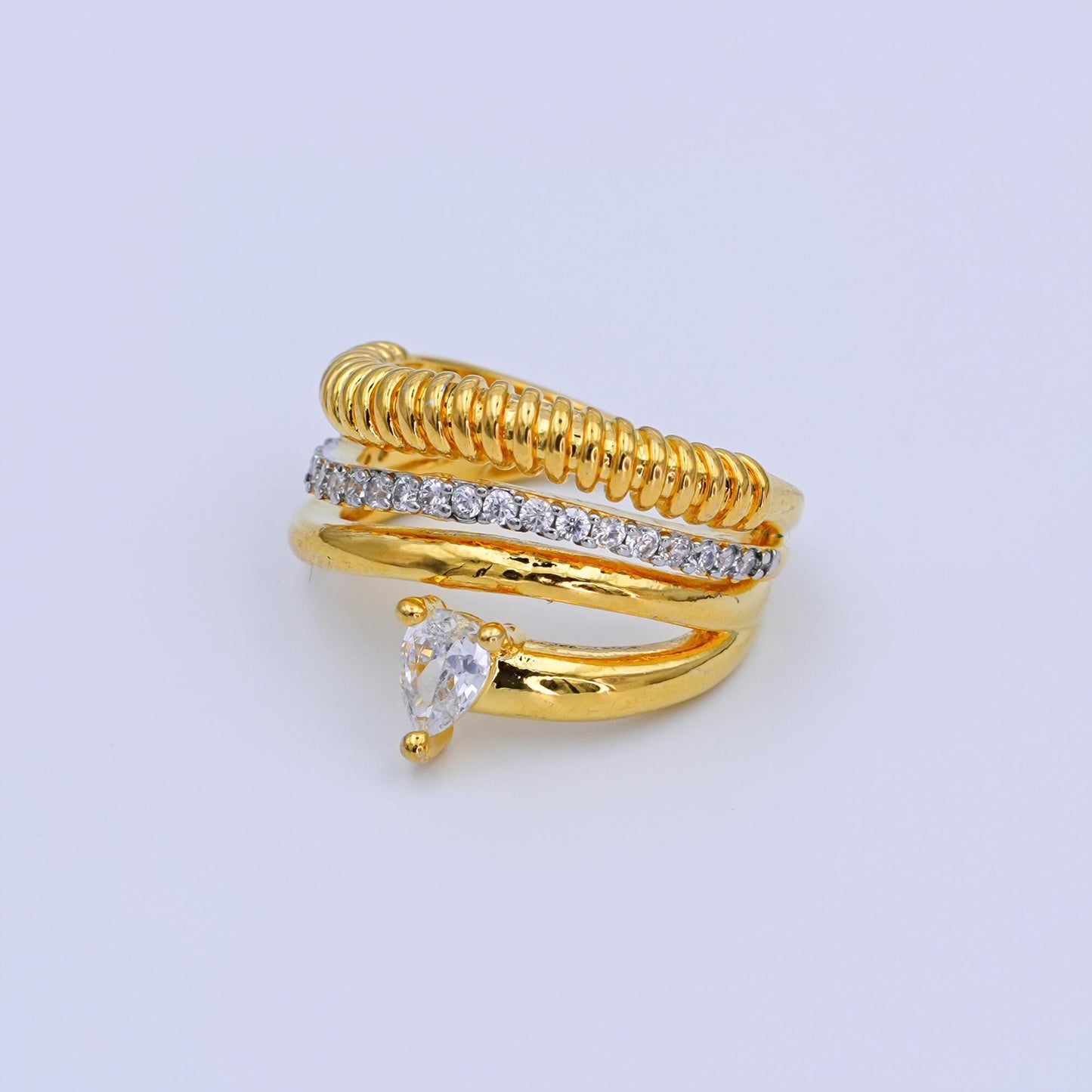 24K Gold Filled Teardrop CZ Micro Paved Ringed Multiple Band Ring | O1074