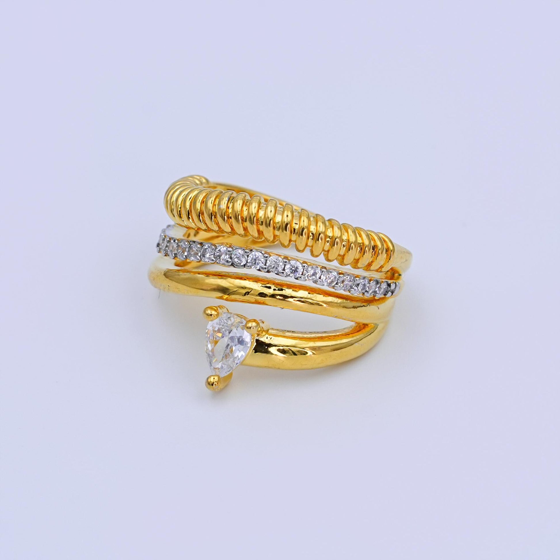 24K Gold Filled Teardrop CZ Micro Paved Ringed Multiple Band Ring | O1074