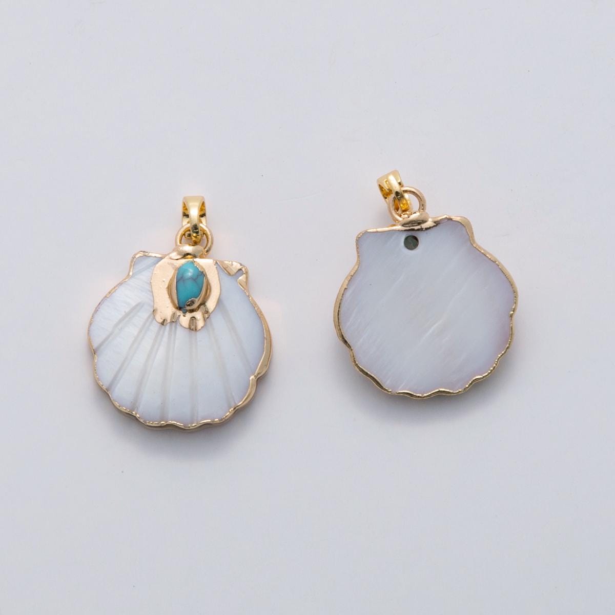 18k gold filled Shell Clam flower Shell Pearl Charm pendant with Turquoise Stone | AH-699