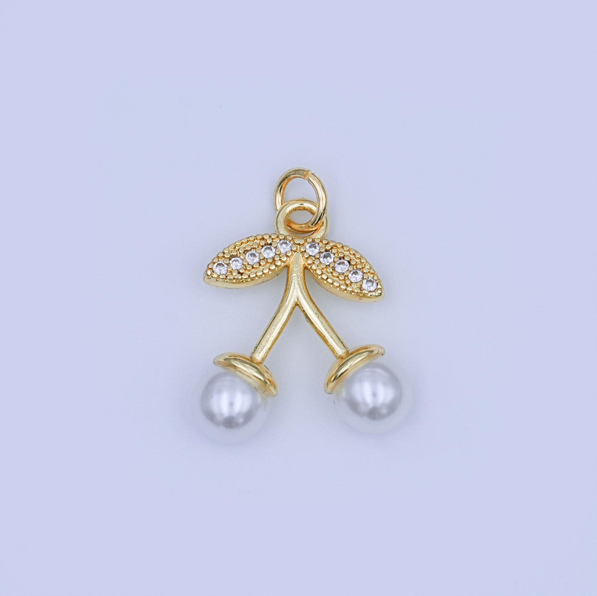 24K Gold Filled Red, White Cherry Micro Paved CZ Charm | X131