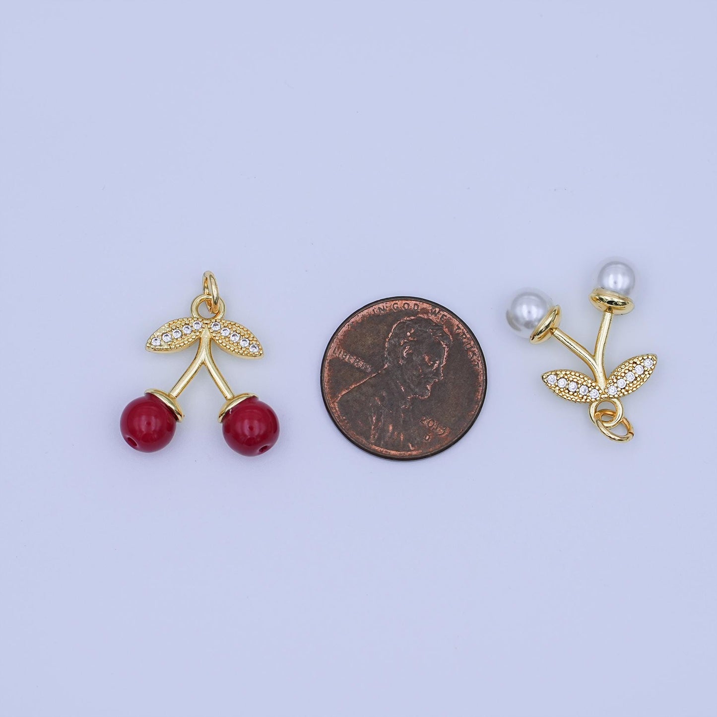 24K Gold Filled Red, White Cherry Micro Paved CZ Charm | X131