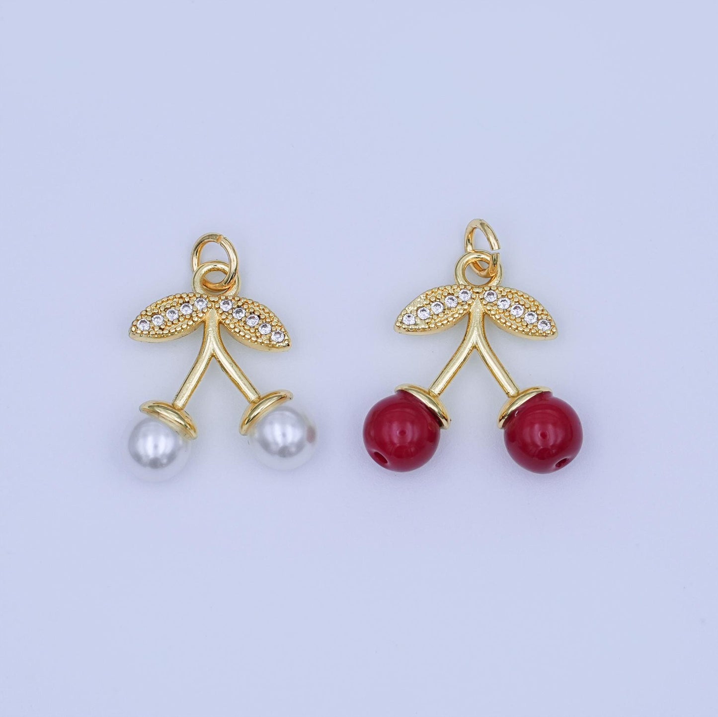 24K Gold Filled Red, White Cherry Micro Paved CZ Charm | X131