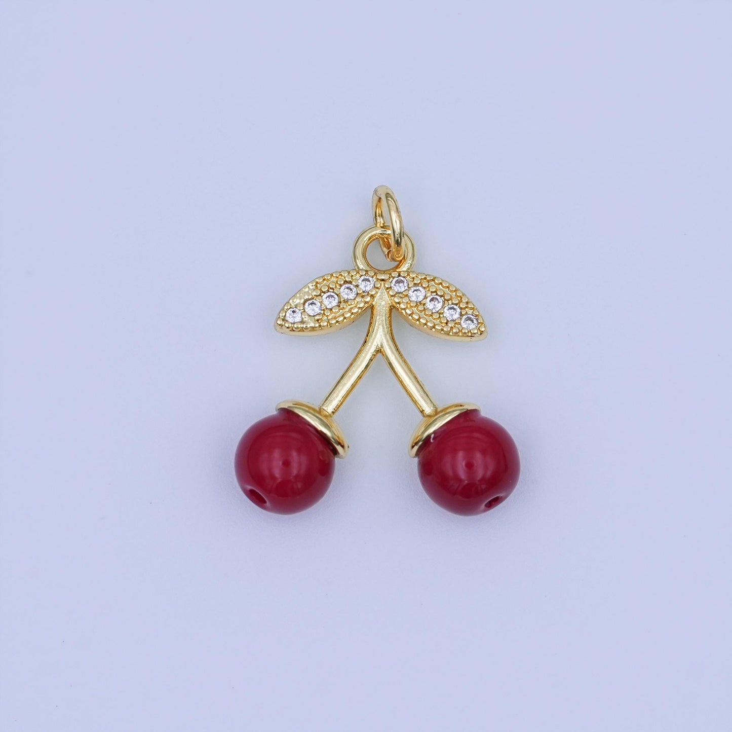 24K Gold Filled Red, White Cherry Micro Paved CZ Charm | X131