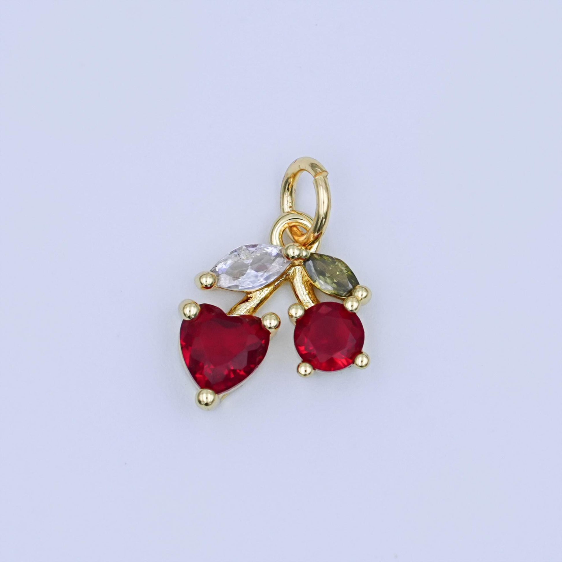 24K Gold Filled Red CZ Cherry Fruit Charm in Gold & Silver | W842