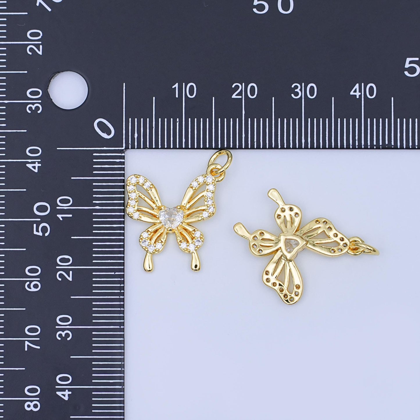 24K Gold Filled Heart CZ Micro Paved Butterfly Charm | X102