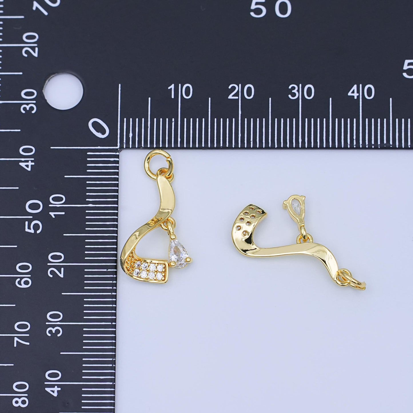 24K Gold Filled Clear CZ Teardrop Micro Paved Geometric Curve Charm | W936