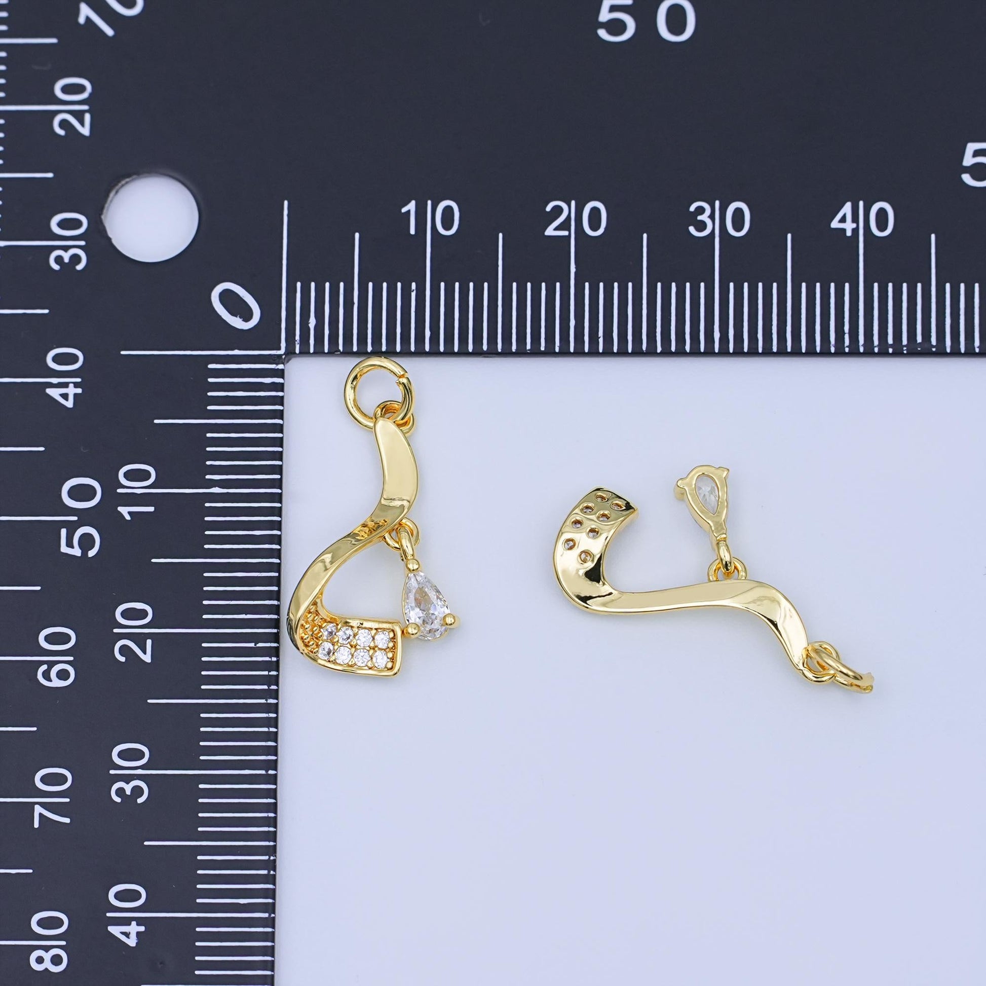 24K Gold Filled Clear CZ Teardrop Micro Paved Geometric Curve Charm | W936