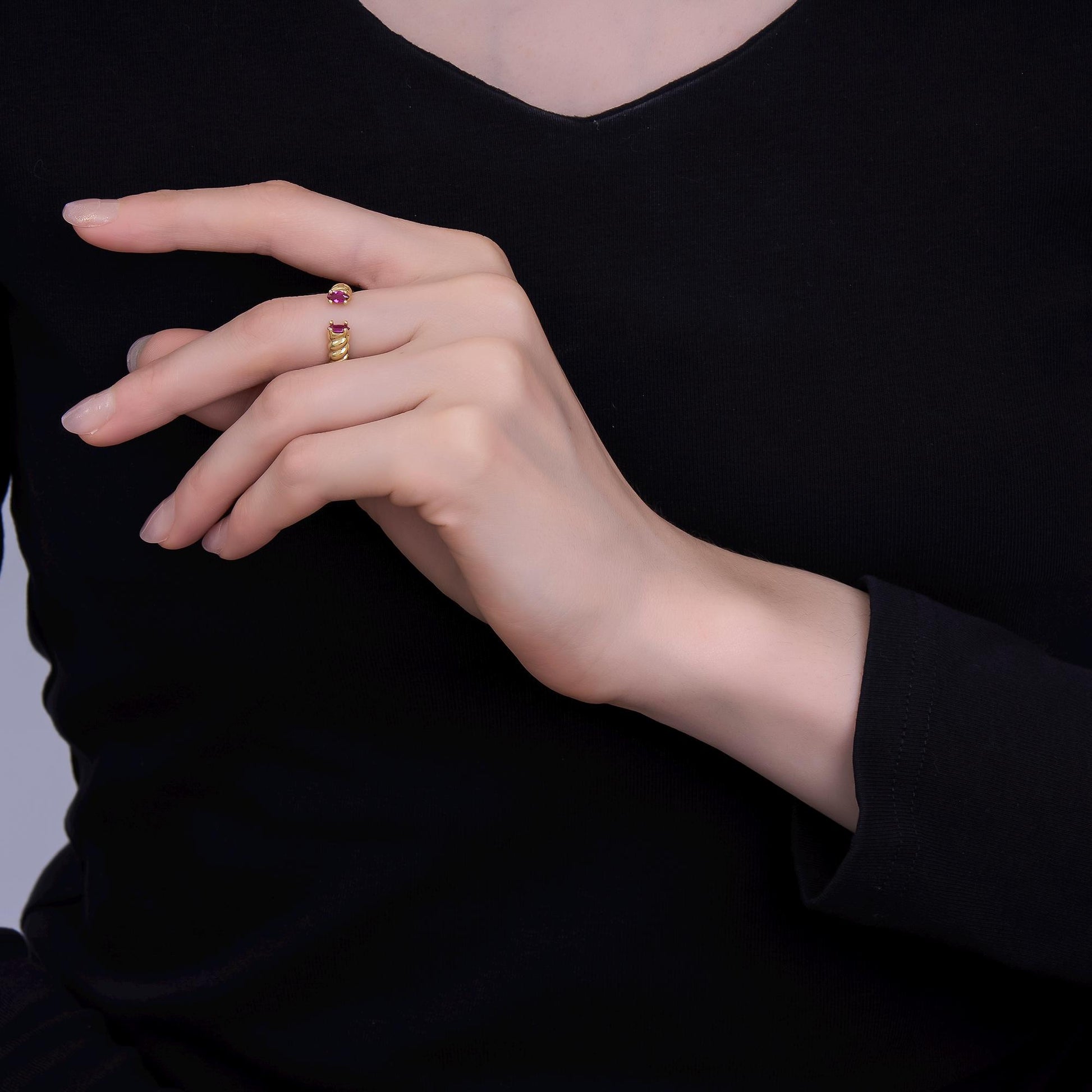 24K Gold Filled Fuchsia CZ Croissant Wrap Ring | O1072