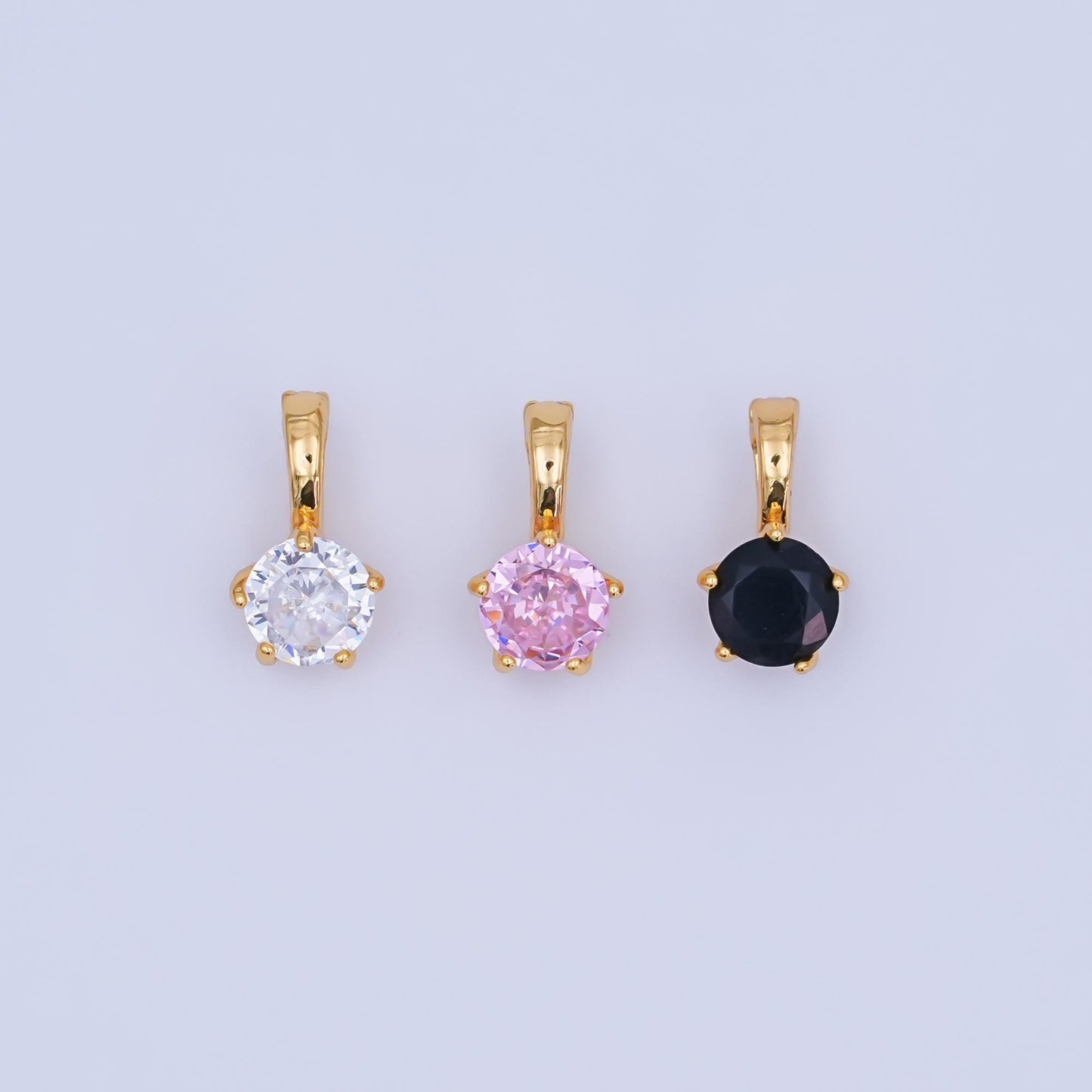 24K Gold Filled Clear, Pink, Blue CZ Round Solitaire Pendant | AH412 AH413