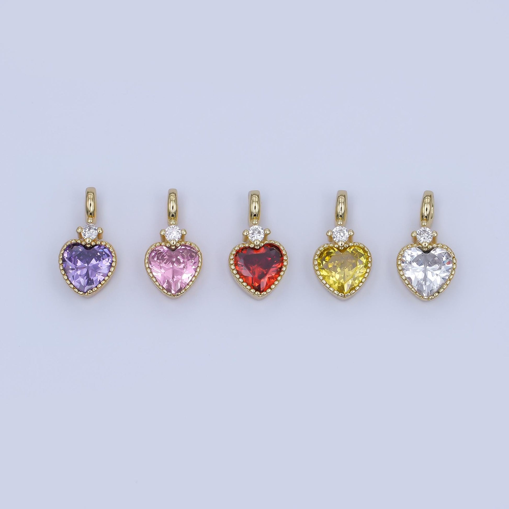 24K Gold Filled Pink, Purple, Clear, Red, Yellow CZ Heart Charm | M910 - M915