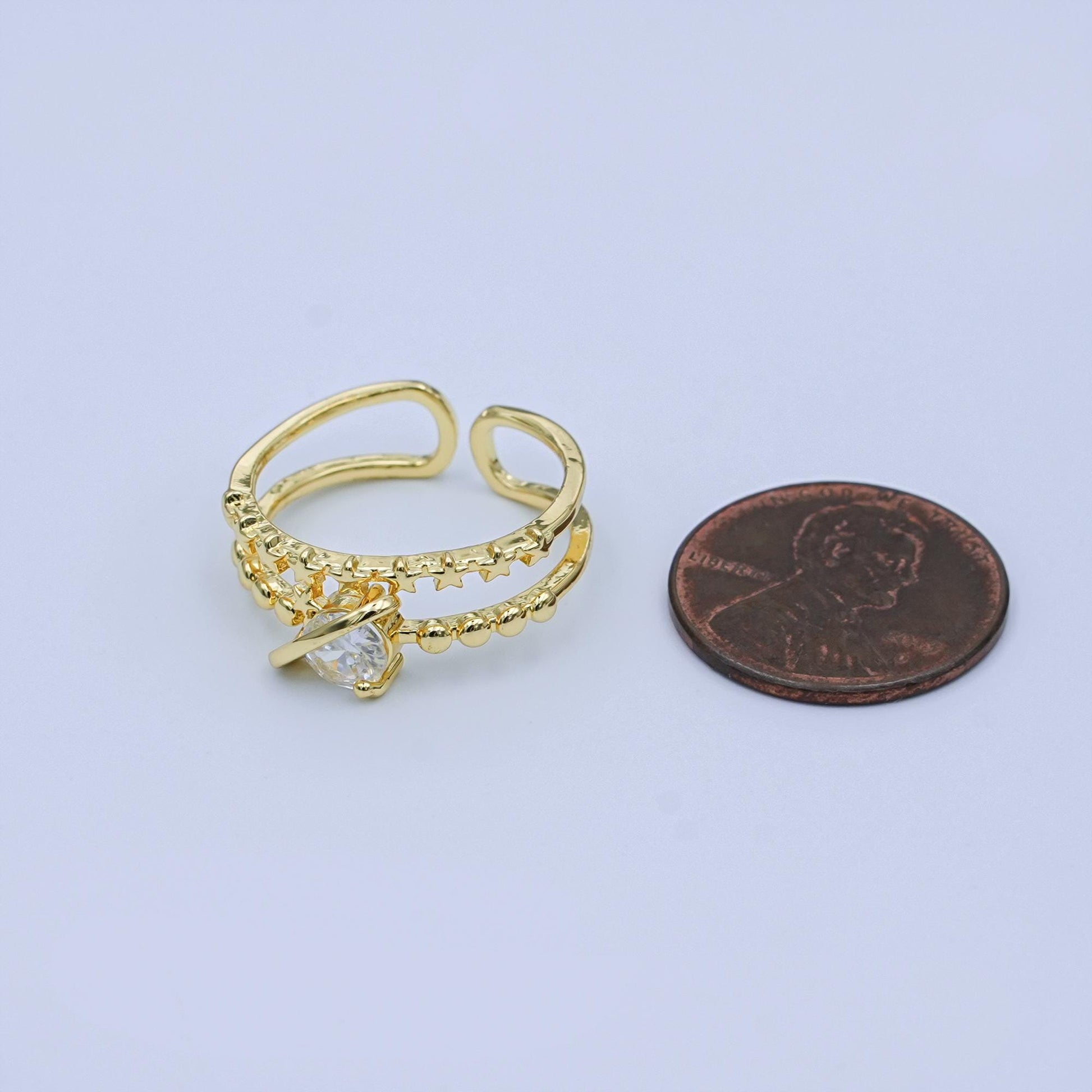 24K Gold Filled Clear CZ Molten Star Dotted Double Band Ring | O1054